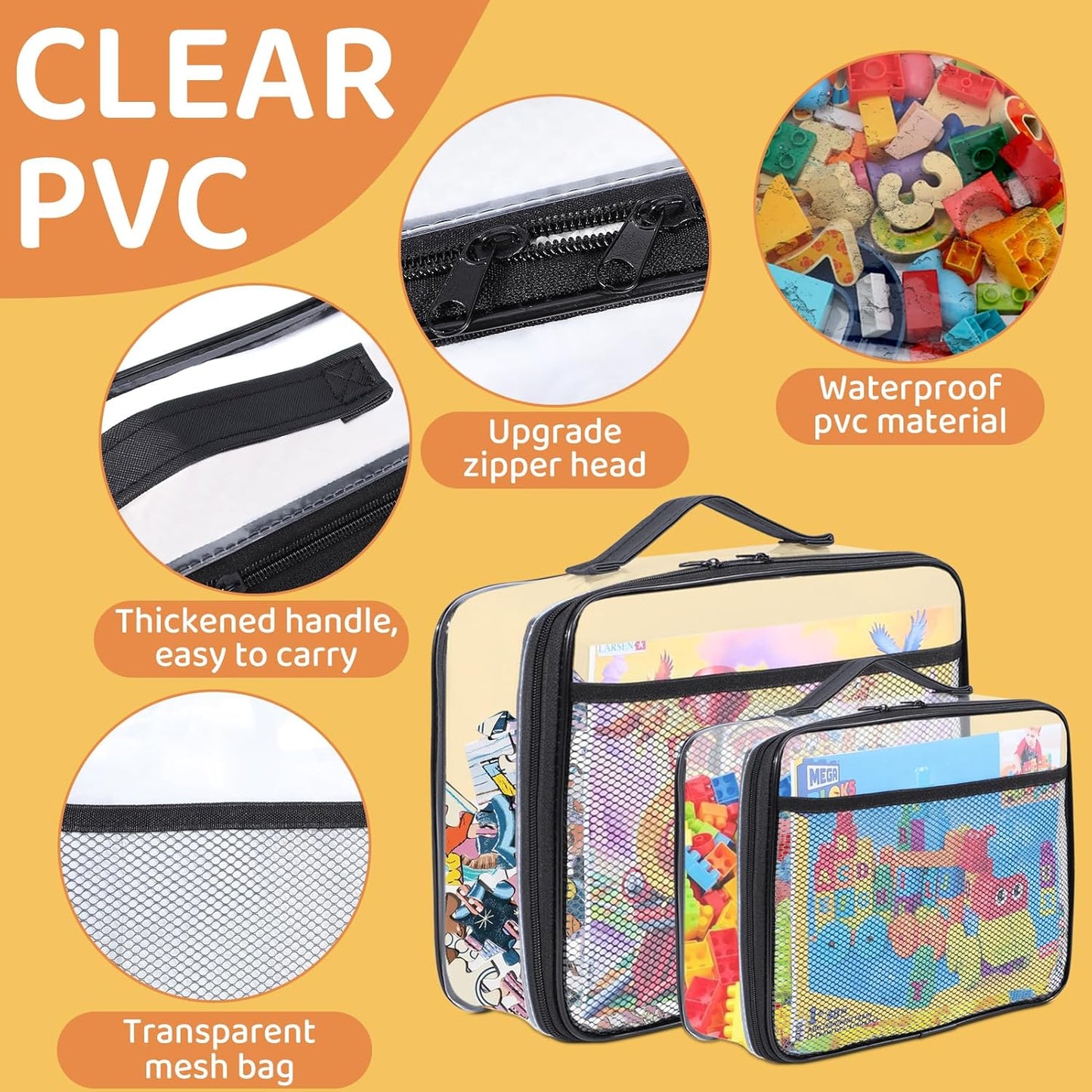 6 Pack Toy Storage Bags, Reusable Clear Board Game Storage, Waterproof PVC Organizer, Toy Storage Organizer Bags with Zipper with Name Tag and Manual Pockets Small Size