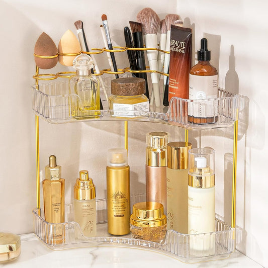 NATURE'S SOURCE Makeup Organizer for Vanity, 2-Tier Corner Bathroom Organizer Countertop with Makeup Brush Holder, Corner Counter Storage for Bathroom Dresser-Clear