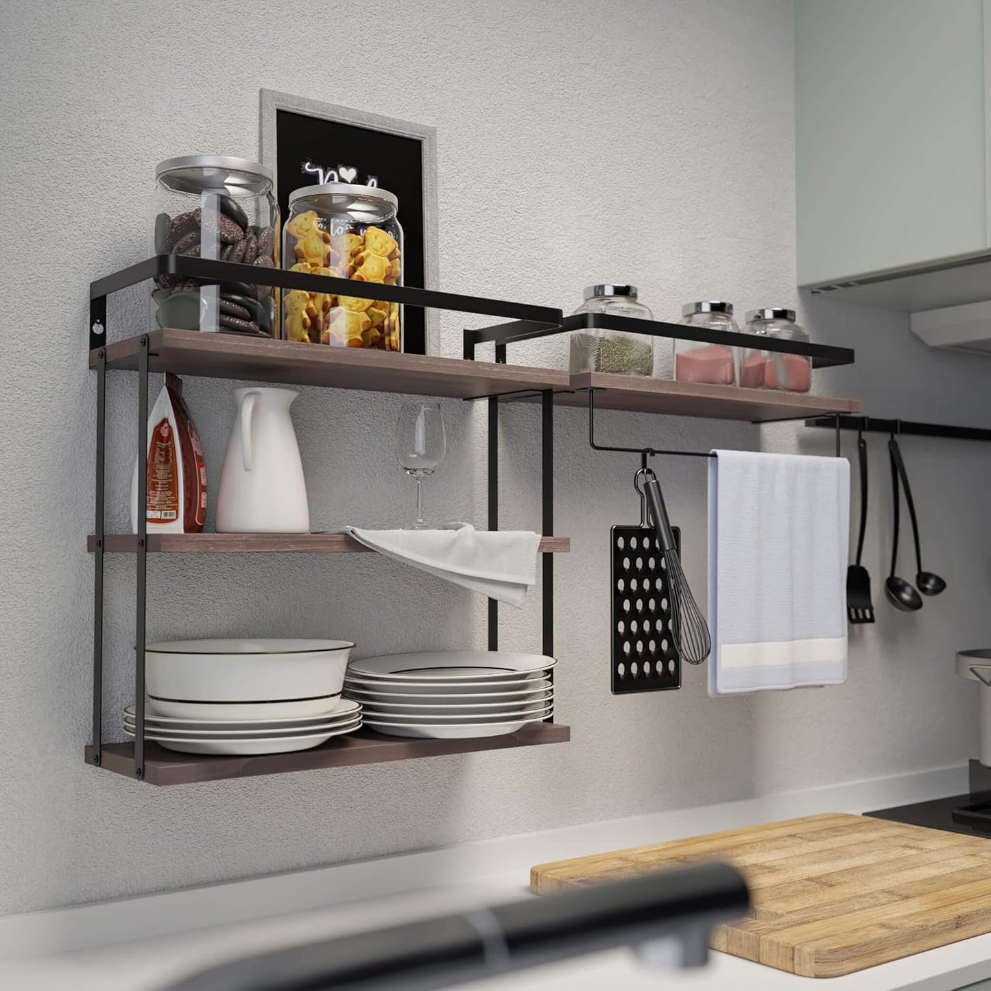 RICHER HOUSE 3+1 Tier Wall Mounted Floating Shelves Set of 2, Rustic Wood Wall Shelf with Metal Frame, Extra Storage Rack for Bathroom, Kitchen, Bedroom with Tissue Rack & Towel Bar - Rustic Brown