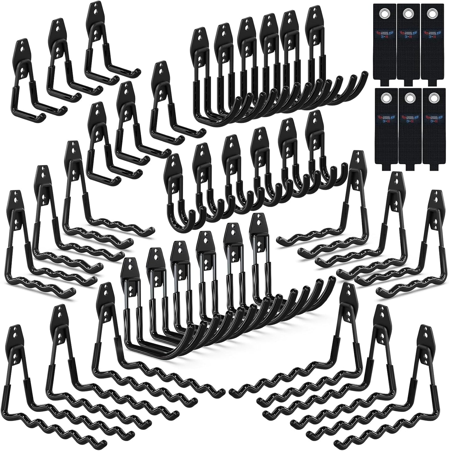 3-H Garage Wall Hooks 42 Pack, Heavy Duty Garage Hooks with Extra Welding Spots, Wall Mount Storage Organizer for Hanging Garden Lawn Tools, Ladder, Bike, WeedEater, Chair, Shovel, Blower (Black)