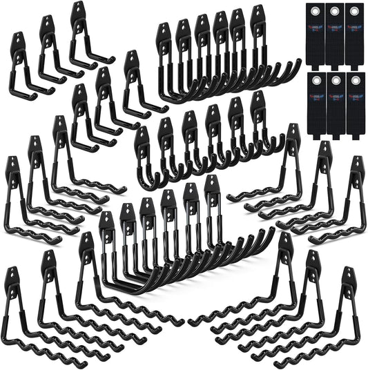 3-H Garage Wall Hooks 42 Pack, Heavy Duty Garage Hooks with Extra Welding Spots, Wall Mount Storage Organizer for Hanging Garden Lawn Tools, Ladder, Bike, WeedEater, Chair, Shovel, Blower (Black)