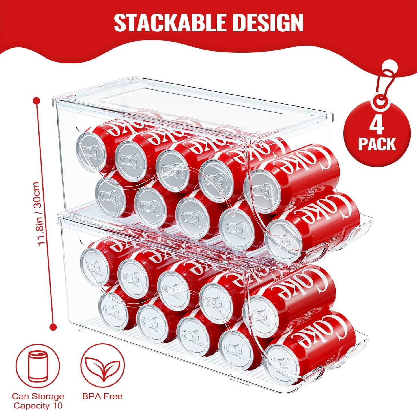 4 Pack Stackable Refrigerator Organizer, Soda Can Dispenser Pop Cans Container Beverage Holder with Lid for Fridge, Freezer, Kitchen, Clear Plastic Storage Bins-Holds 10 Cans Each