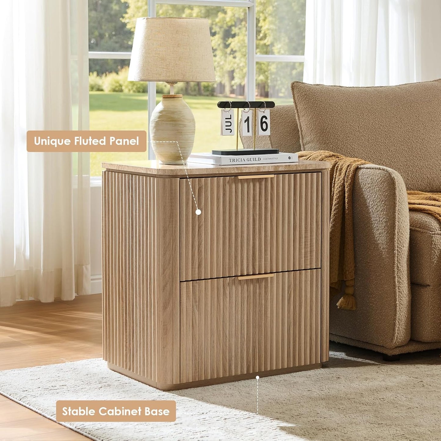 Fluted Nightstand Set of 2, Bedside Table with 2 Drawers, Engineered Wood End Table with Faux Marble-Top, Curved Corners, Metal Handle, Modern Night Stand for Bedroom, Small Spaces, Natural Oak