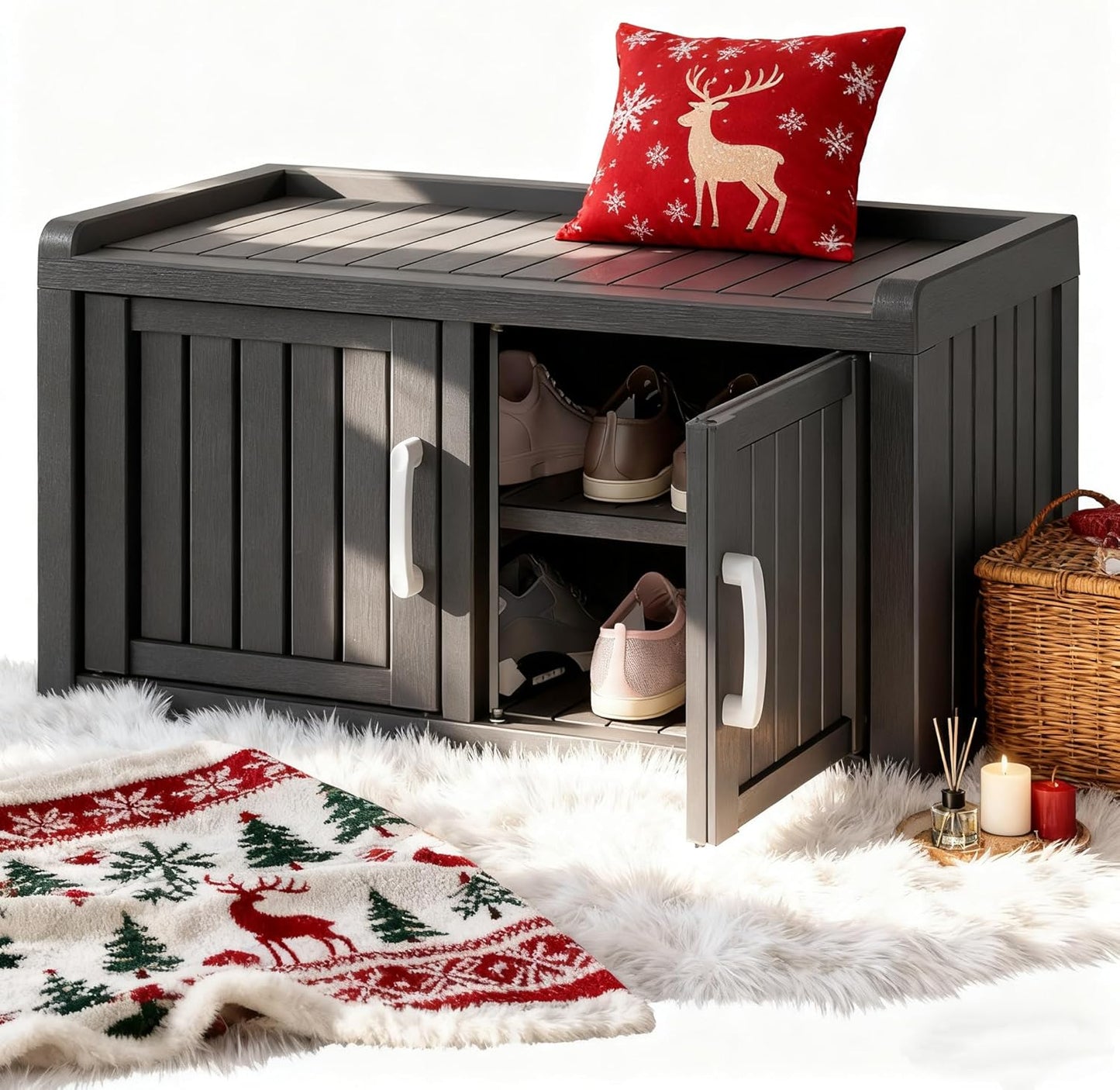KAMABOKO Outdoor Shoe Storage Cabinet, Waterproof UV-Resistant Entryway Storage Bench Indoor Outdoor with 2 Barn Doors, Adjustable Shelves for Entryway, Bedroom, Hallway,Living Room(Classic Black)