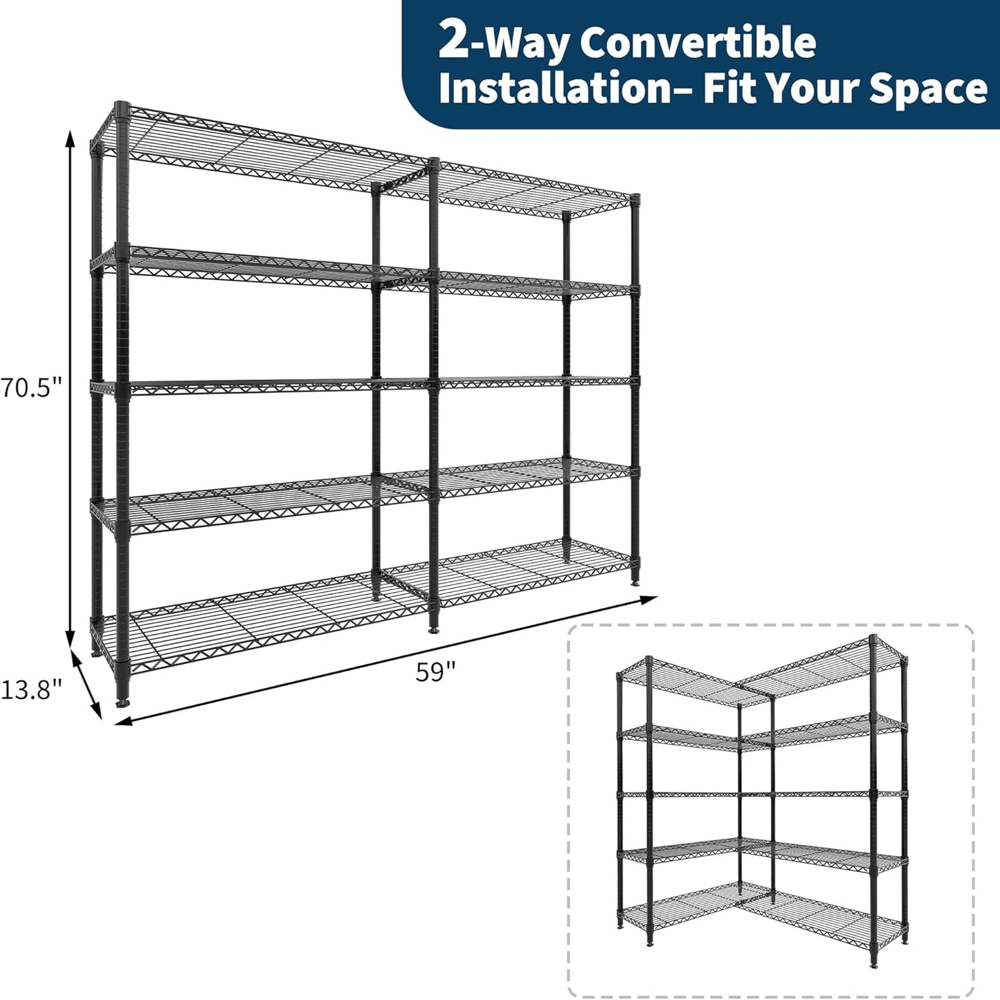 5-Tier Storage Shelving Unit Metal Shelves 59" W Wire Shelving, 70" H L-Shaped Pantry Shelves Kitchen Storage Shelves for Home Commercial Garage Heavy Duty, 70.5" H x 59" W x 13.8" D