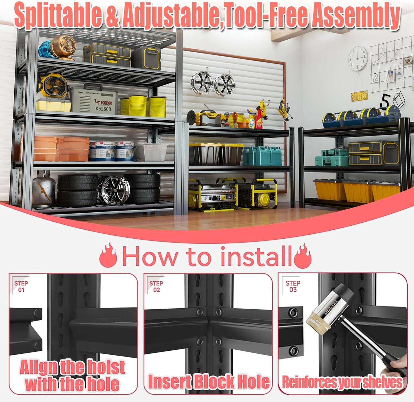 Garage Storage Shelves,5 Tier Shelving Unit, 40 inch Wide, 18” Deep, 78” Tall Organizer Metal Shelf for Basement/Laundry/Pantry Heavy Duty, Adjustable,Easy to Install (5Tier-35"Wx16"Dx72"H with Fence)