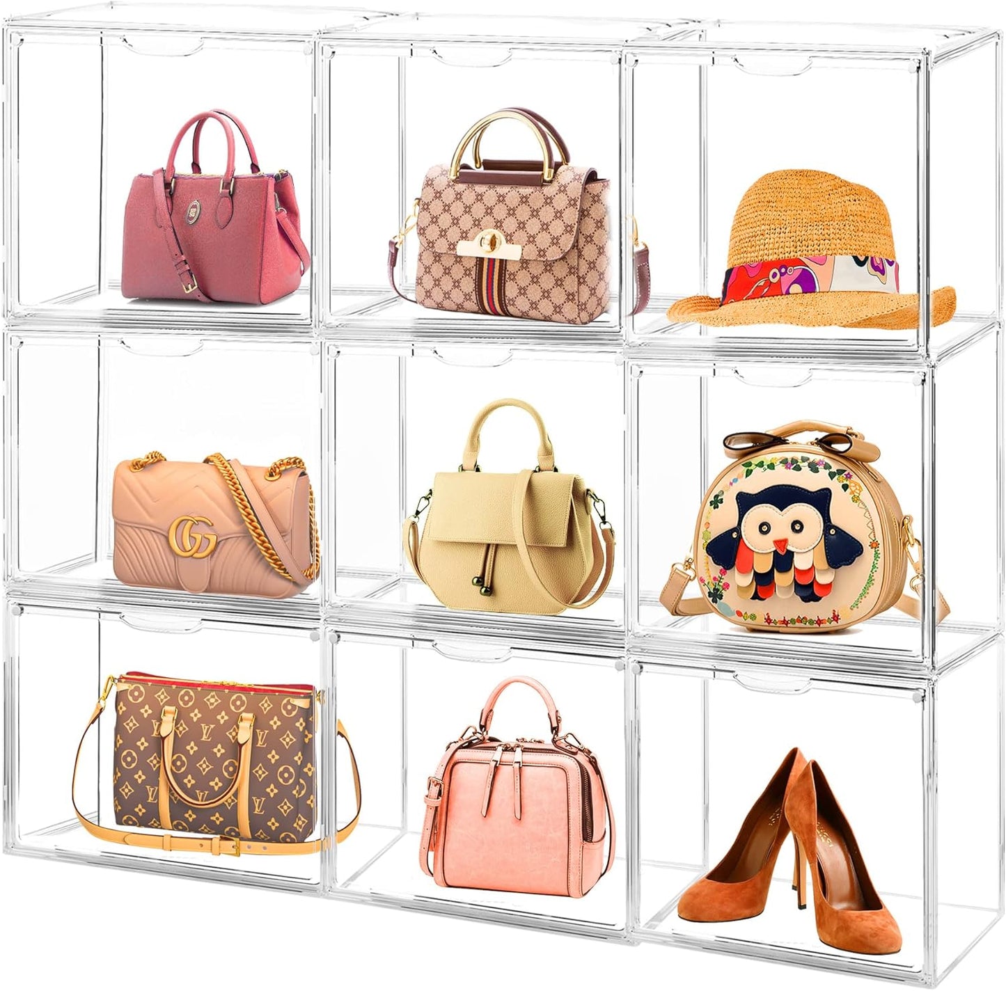 15Pack Purse Organizer for Closet Clear Acrylic Display Case Handbag Storage Organizer Box with Magnetic Door Stackable Storage Bins with Dustproof Lid for Book Toys Shoes Cosmetic Collectibles