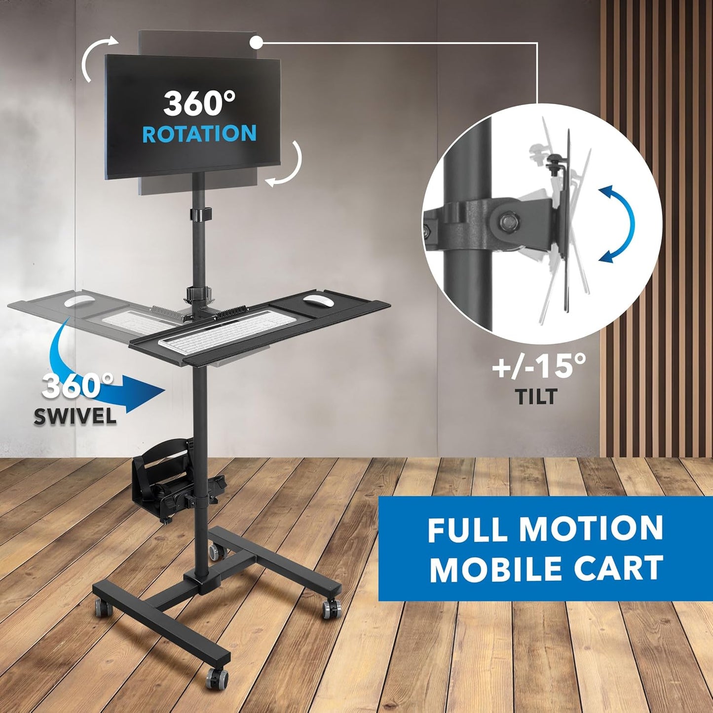 Mount-It! Rolling Computer Cart on Wheels, Mobile Desk Workstation with Monitor Mount for up to 32" Screen, Full Keyboard Tray, Floating Adjustable CPU Holder, Standing up to 70" Tall
