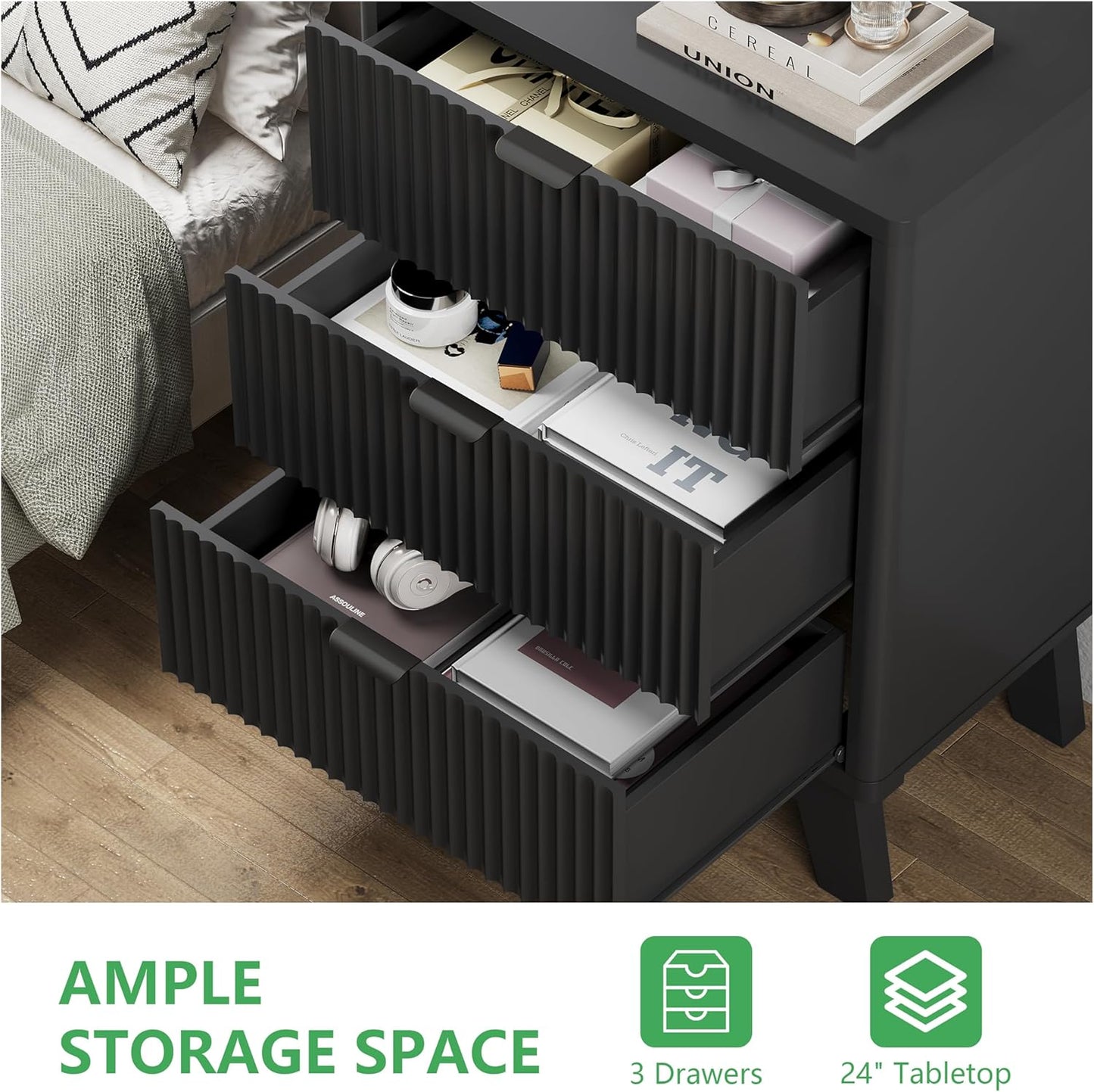Fluted Nightstand with 3 Storage Drawers, 24" Wide Wood Bedside Table with Mental Handle, Mid Century Modern Wooden Side Table Night Stand, Curved End Table for Bedroom, Living Room, Black