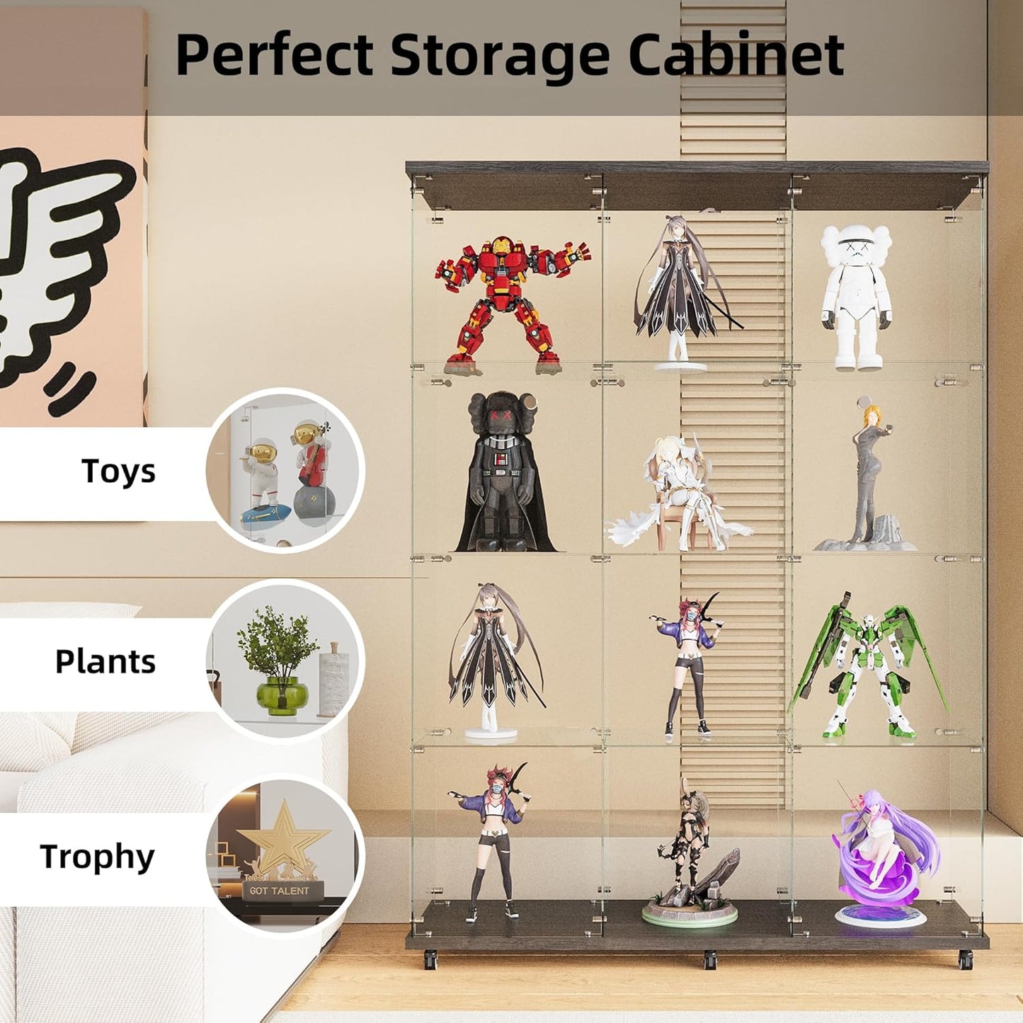 Beauty4U Glass Display Cabinet with 12 Shelves, Extra Large 3 Columns 2 Doors Curio Cabinets for Living Room, Bedroom, Office, Black Floor Standing DIY Glass Bookshelf, Quick Installation