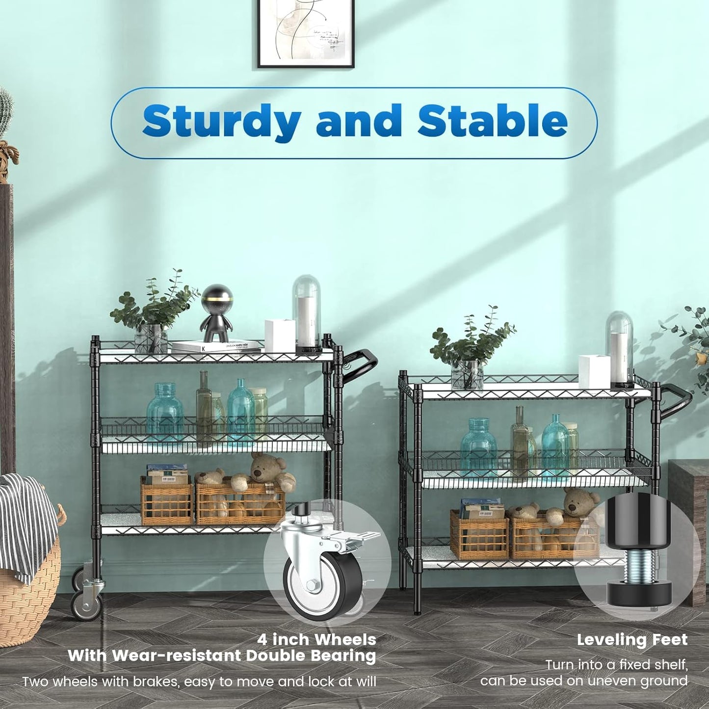 Leteuke 3 Tier Rolling Carts with Wheels, Heavy Duty Rolling Utility Cart,NSF Commercial Grade Metal Cart with Handle&Shelf Liner,Trolley Serving Cart for Kitchen,Restaurant,Plant Display,Black