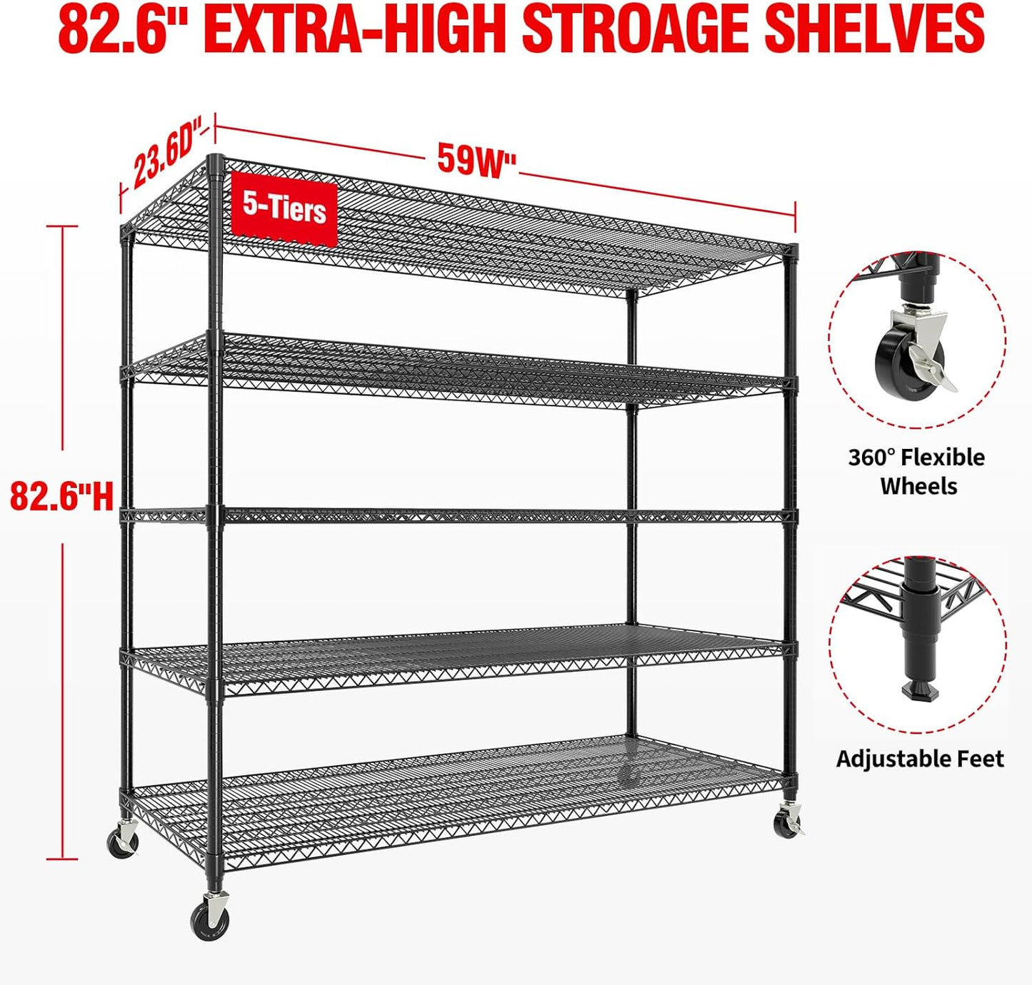 82" H Storage Shelves 3300LBS Heavy Duty Shelving Unit with Wheels & Feet, 5-Tiers Garage Shelving for Pantry Garage Kitchen Home Commercia, 82.6" H x 59" W x 23.9" D