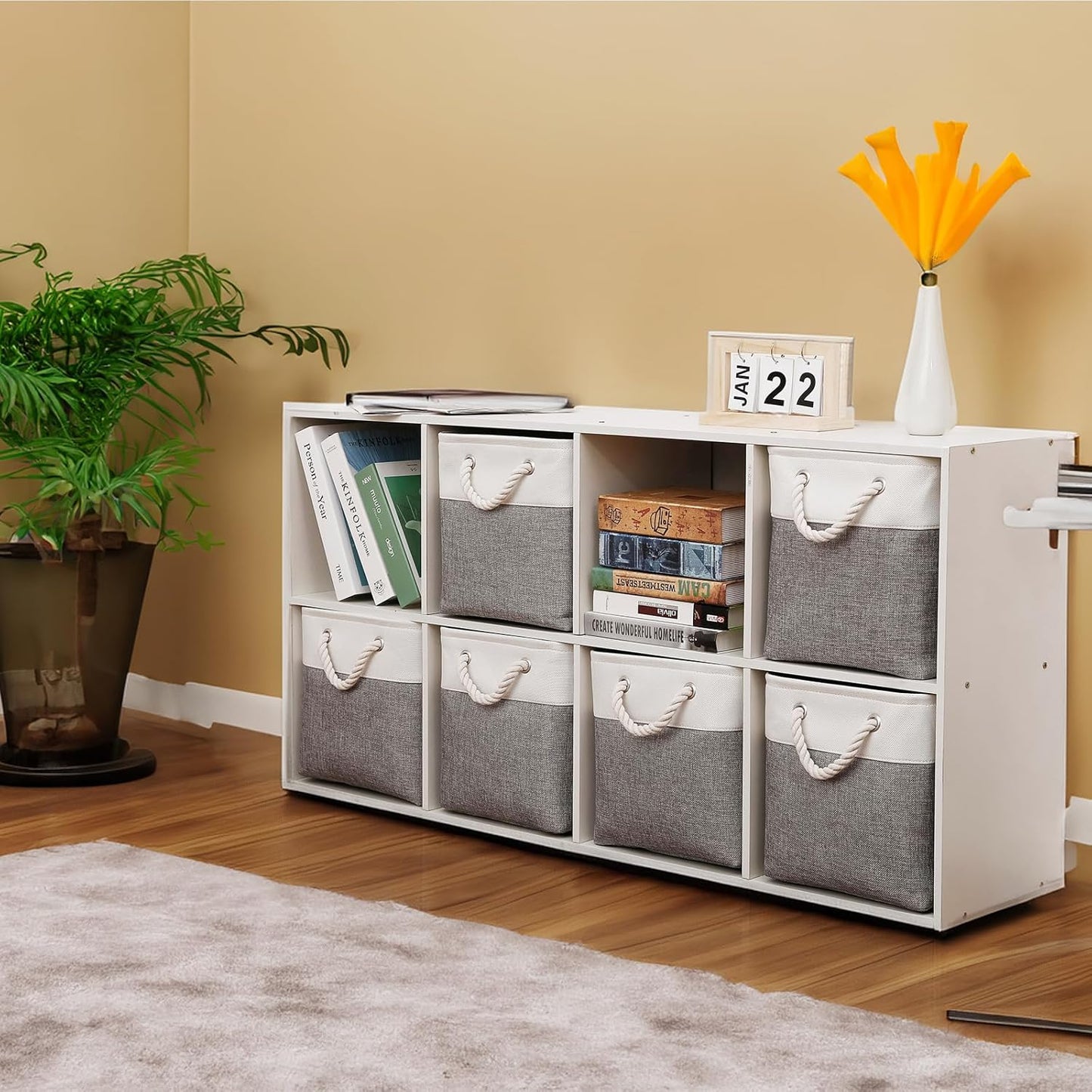 Fabric Storage Bins, 11 inch cube storage bins with Handles, 11x11cube storage organizer bins, Collapsible Storage Bins for Shelves and Home, Cubby Storage Cubes (white-gray, 10.5x10.5x11in)