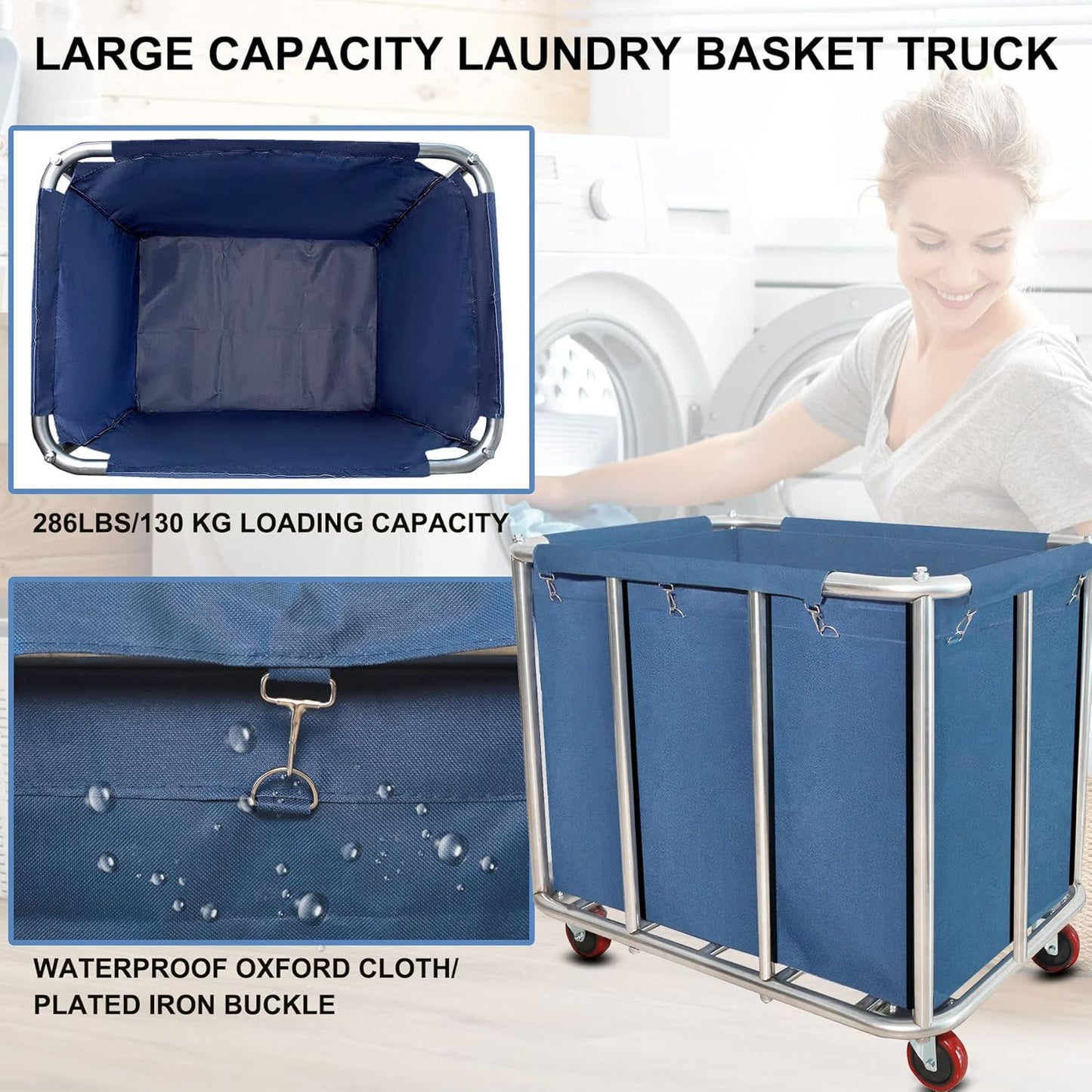 Laundry Cart Commercial,11.35 Bushel (400L) Large Industrial Rolling Laundry Hamper with 4 Inch Wheels,Home Heavy Duty Laundry Baskets with Stainless Steel Frame, 286 LBS Load，10 Support Tubes