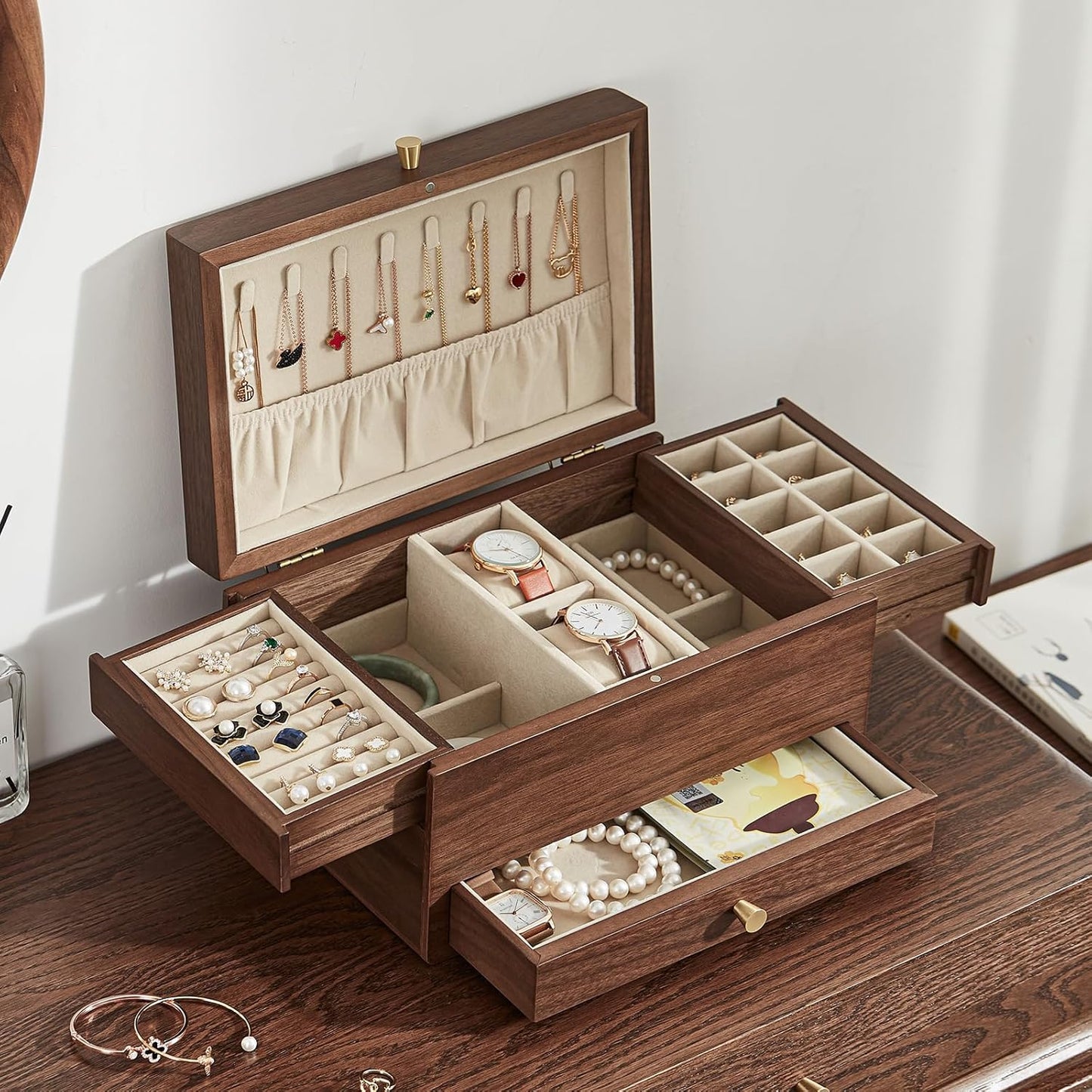 Wooden Jewelry Box for Women, 3 Level Multi-functional Drawers Black Walnut Jewelry Organizer Box, Watch, Necklace, Ring, Earring Storage - Gifts (No Mirror)