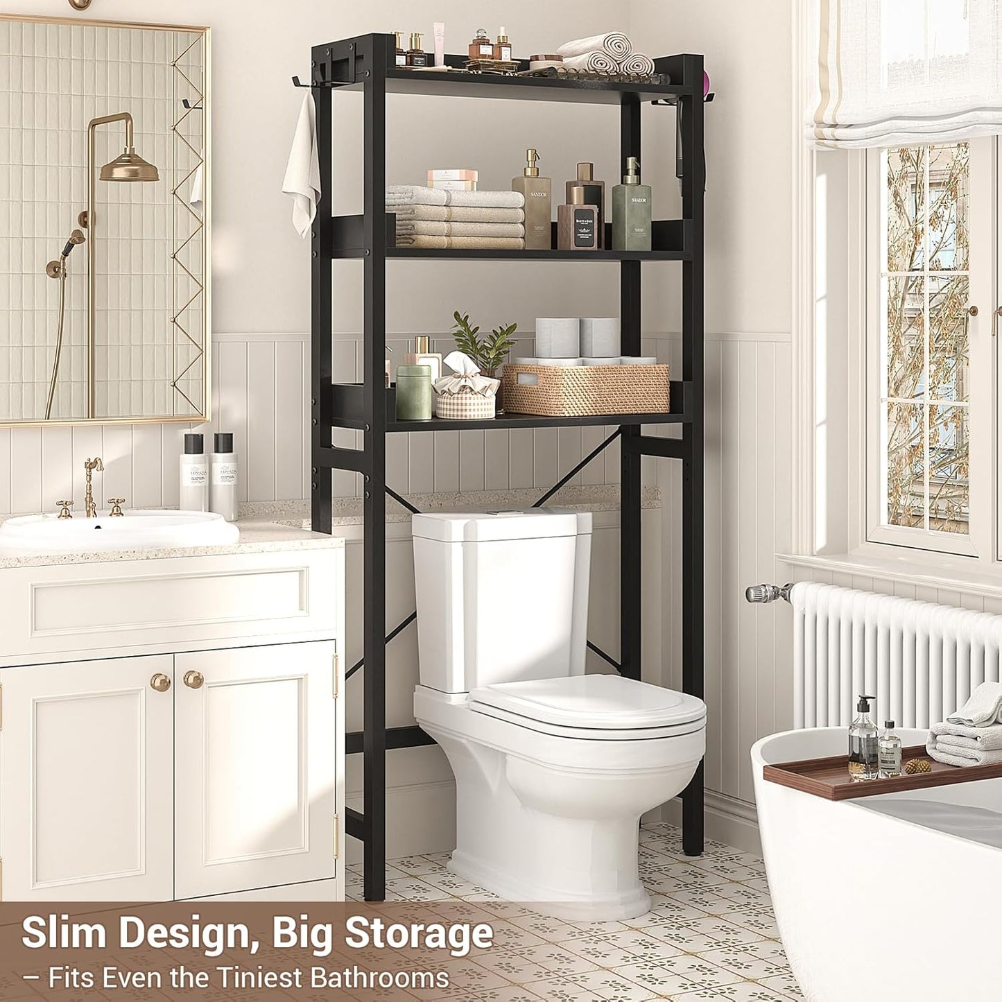 Over The Toilet Storage Rack - 3 Tier Bathroom Organizer with Shelves, Freestanding Space Saver Storage Rack Above Toilet Stand with 4 Hooks for Restroom, Laundry, Black