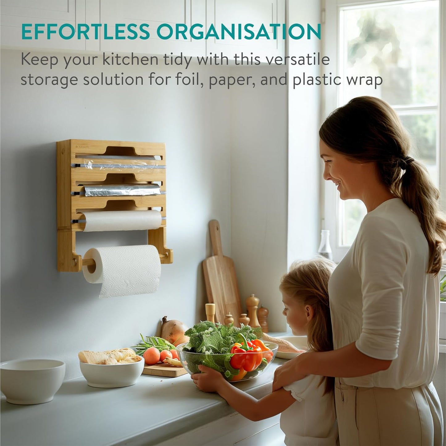Navaris 4 in 1 Plastic Wrap Dispenser with Cutter - Space Saving Kitchen Roll Storage Foil Organizer for Drawer - Bamboo Kitchen Wrap Paper Roll Baking Paper and Aluminum Holder