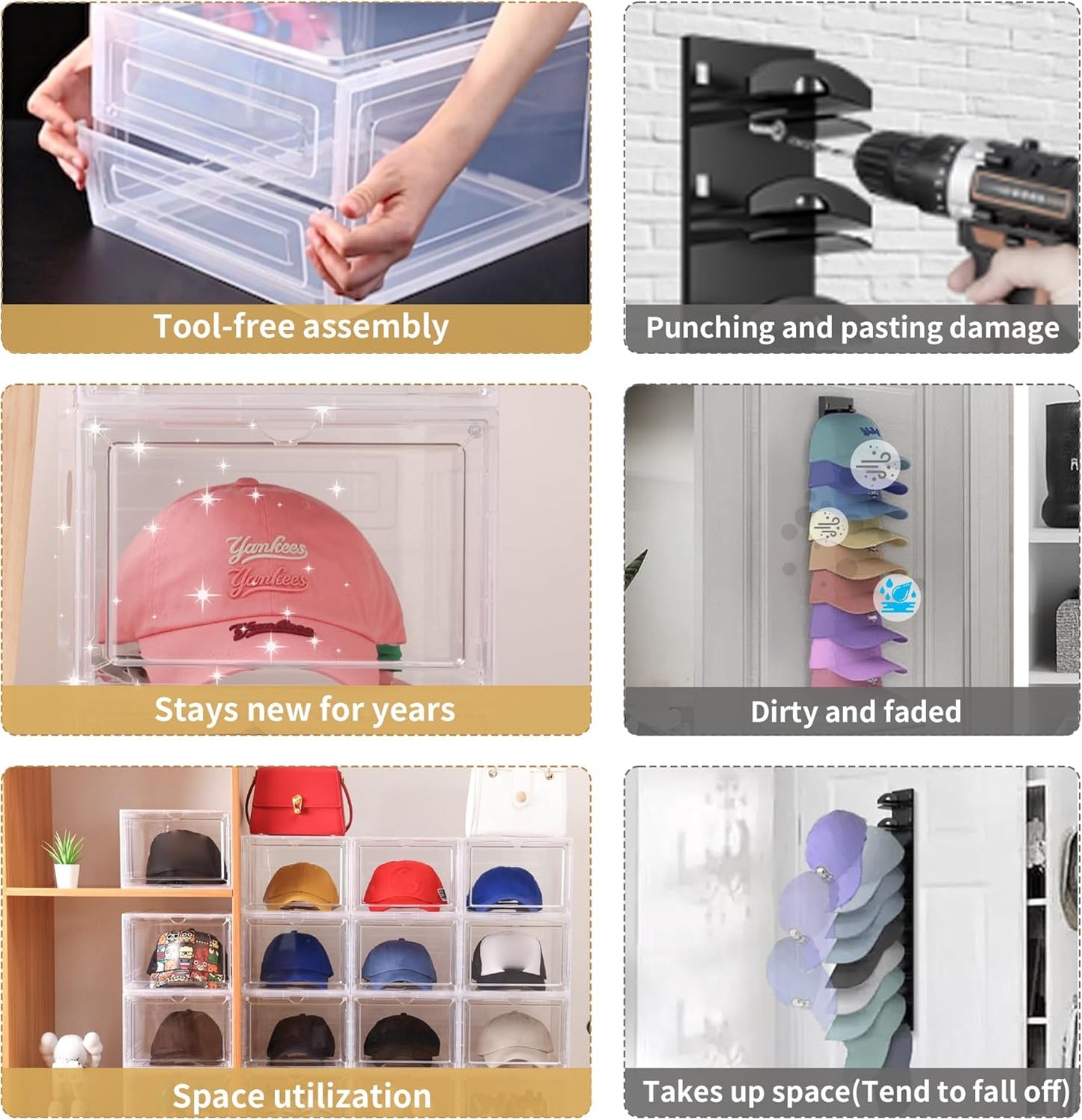 Hat Organizer for Baseball Caps,set of 6, Transparent Storage Box Hat Holder With Clear Magnetic Door, Stackable Rack, Easy to Assemble Stylish Display(13.5 "x 10.6" x 7.5 ")