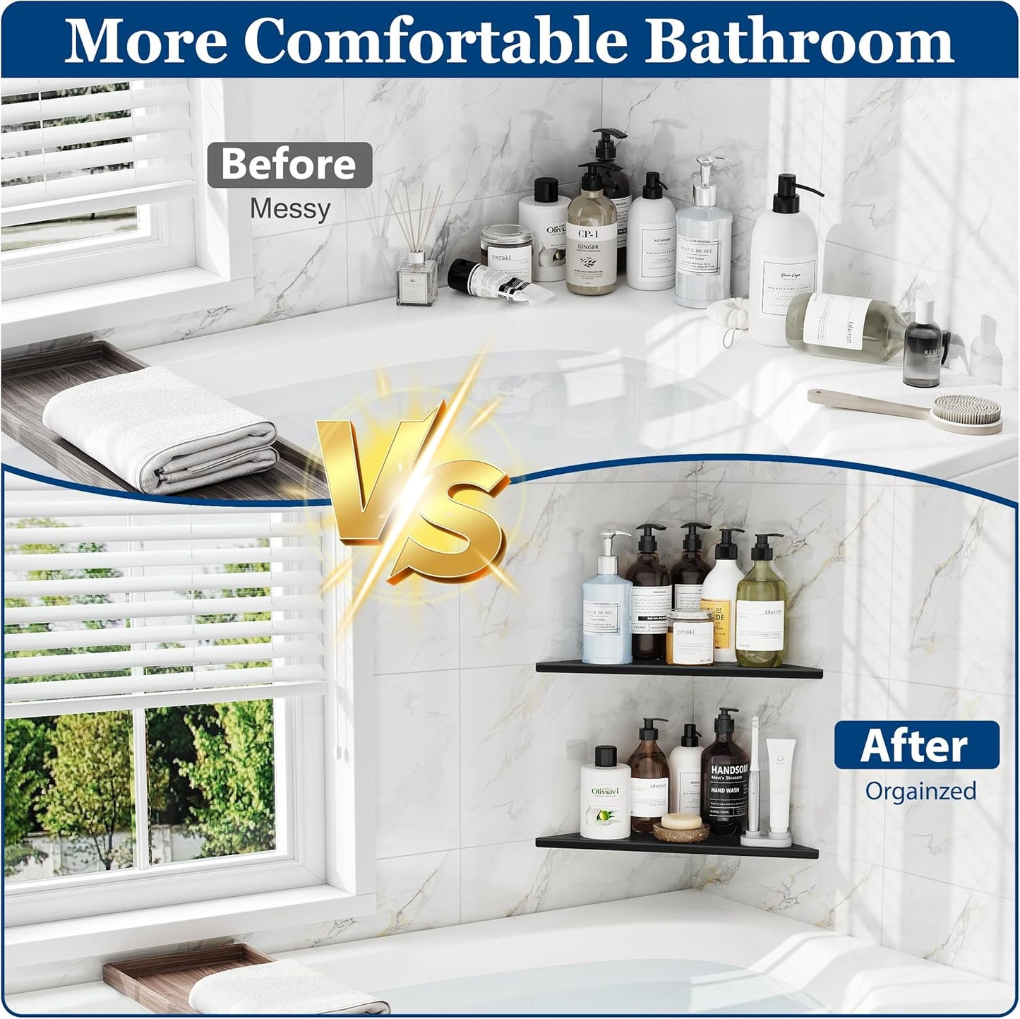 Corner Shower Shelves, 12” Recessed Tile Shower Shelf, 304 Stainless Steel Grout in Corner Tile Shower Shelves, No Drilling, Matte Black, 2 Pack