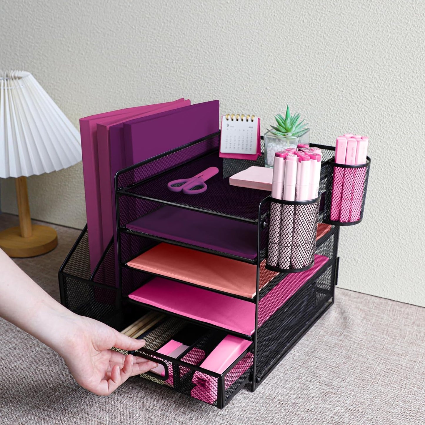 Desk Organizers and Accessories with File Holder, 5-Tier Paper Letter Tray Organiser with Drawer and 2 Pen Holder, Mesh Desktop Document Organizer for Office Supplies, Workspace - Black