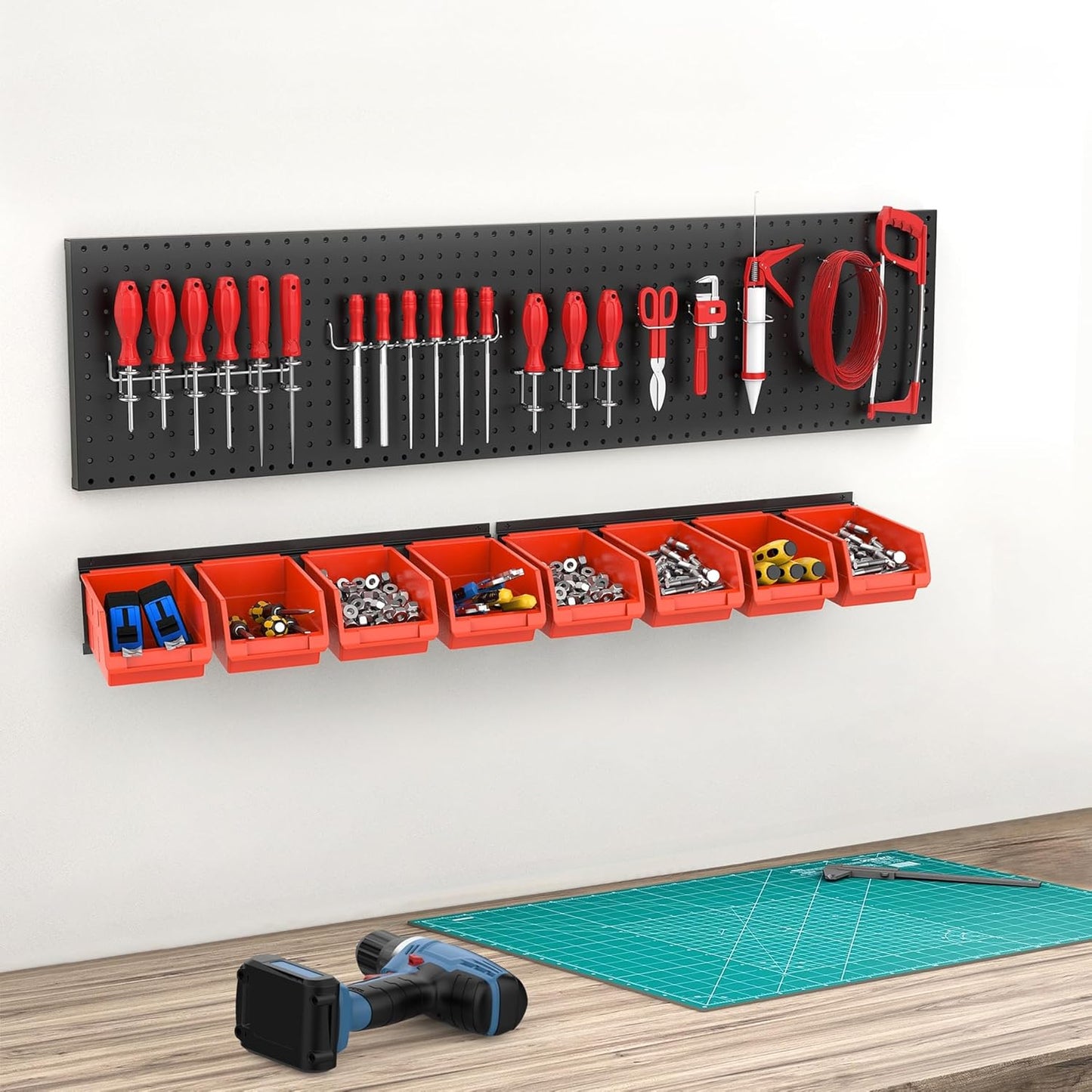 TORACK Wall Mounted Storage Bins, 16 Plastic Bins for Tools Organization in Garage, Craft Room, Shop(4-Pack, Orange-red)