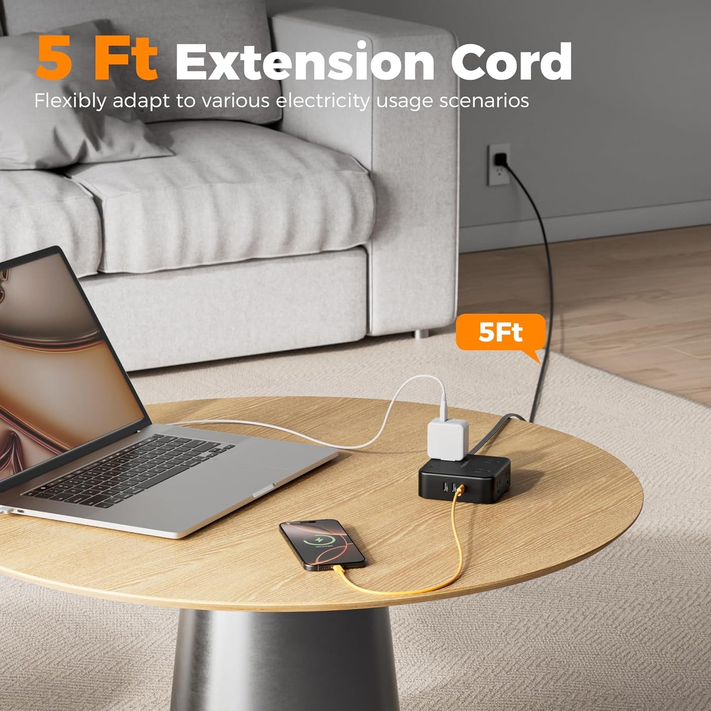 TESSAN Surge Protector Power Strip Black, 5 Ft Flat Plug Extension Cord with 3 USB (1 USB C) 8 Outlets, 900J Surge Protection, 3 Sided Outlet Extender with Power Switch for Office, Dorm Room