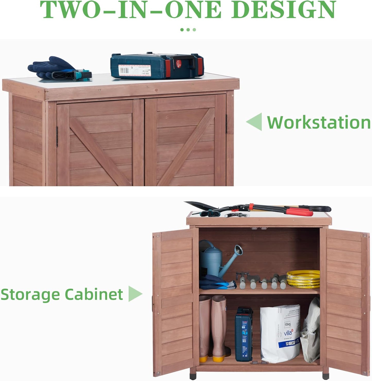 Outdoor Potting Bench with Storage Cabinet and Metal Top, Wood Workstation for Outdoor Patio, Garden (Coffee Brown, 31x17x36‘’)