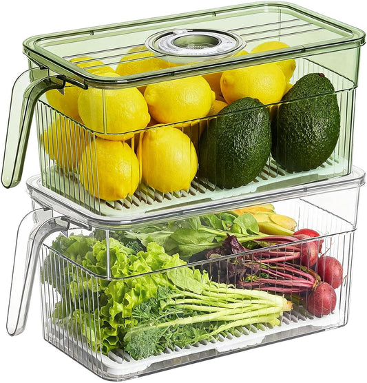 loobuu 2 Pack Stackable Food Storage Produce Saver Containers for Refrigerator, Berry Keeper Boxes for Fridge with Removable Drain Tray Keep Fresh for Vegetables/Fruit (Clear&Green)