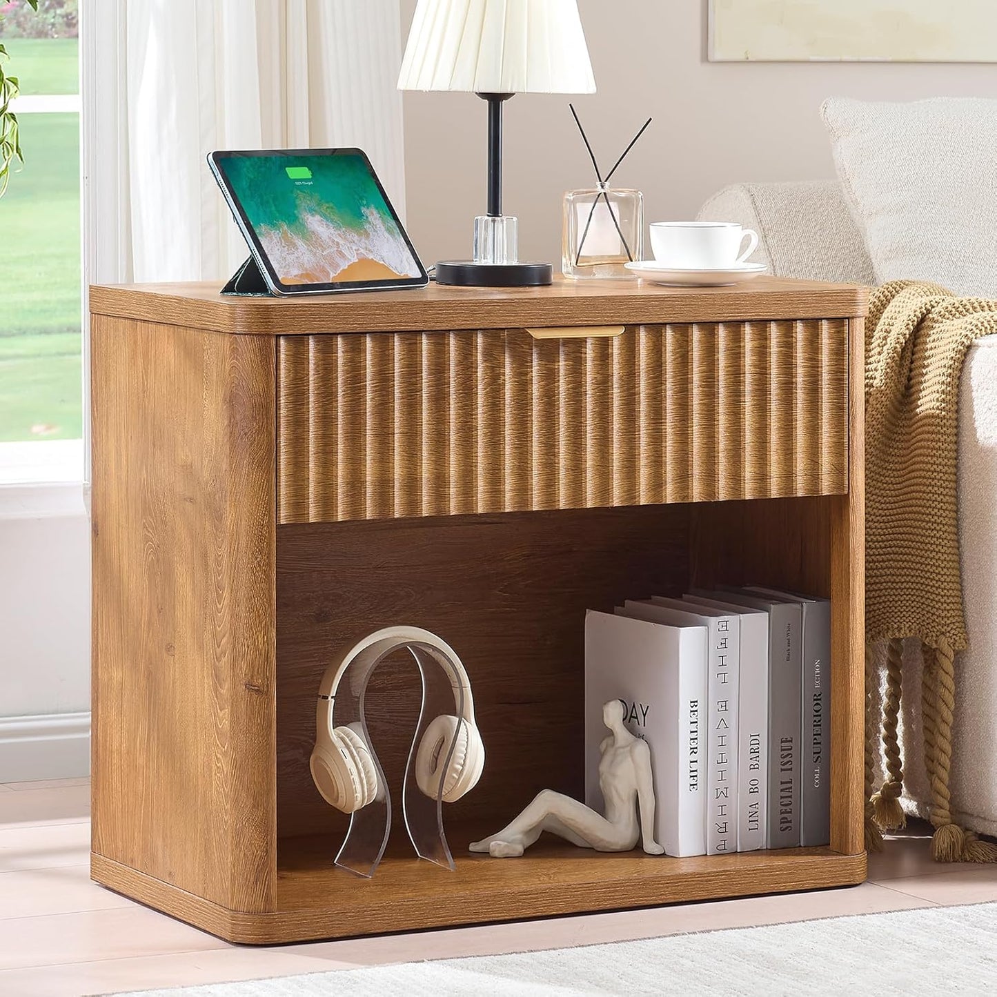 LEYAOYAO 31" Wide Fluted Nightstand with Charging Station, Oversized Extra Large 1 Drawer Night Stand with Golden Handle, Brown Wood Bedside Table Tall End Tables,for Bedroom, Living Room, Hallway
