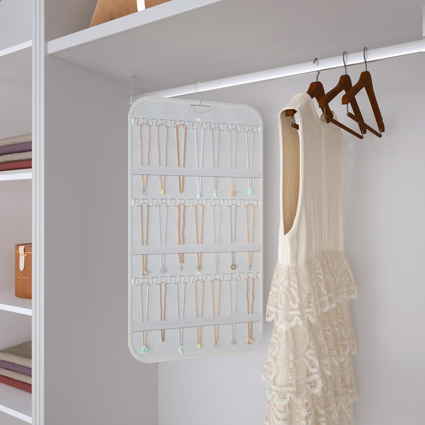 Hanging Jewelry Organizer Storage, 40 Pockets 36 Hooks Necklace Earring Necklace Bracelet Ring Organizer, Double - Sided Design, White