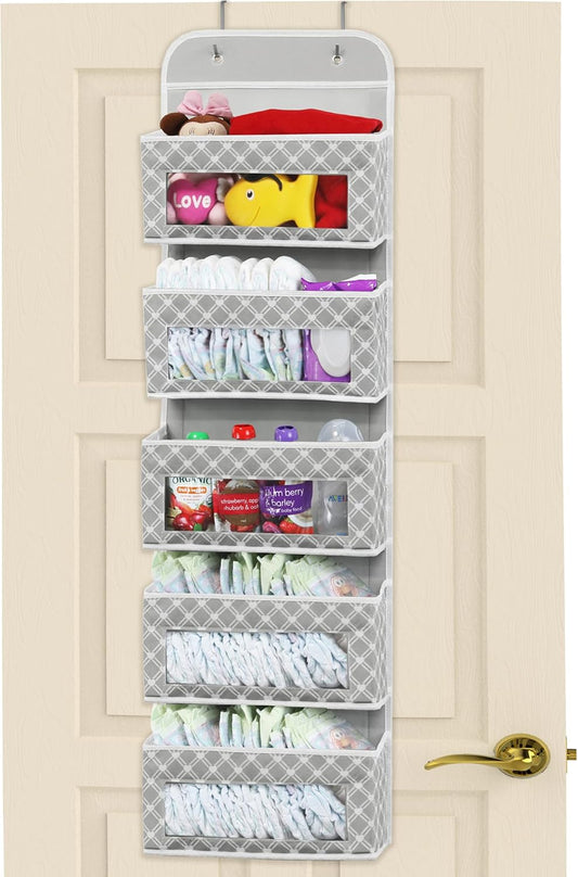 Simple Houseware 5 Clear Window Pocket Over Closet Door Storage Hanging Organizer for Bedroom, Bathroom, Pantry, Geometric Gray