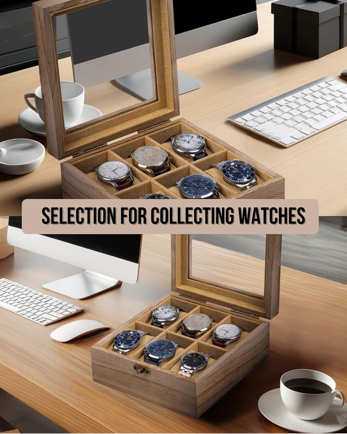 Watch Box, Watch Case for Men Women with Large Glass Lid, Wooden Watch Display Storage Box with 6 - Slots, Weathered Wood Mens Watch Box Organizer