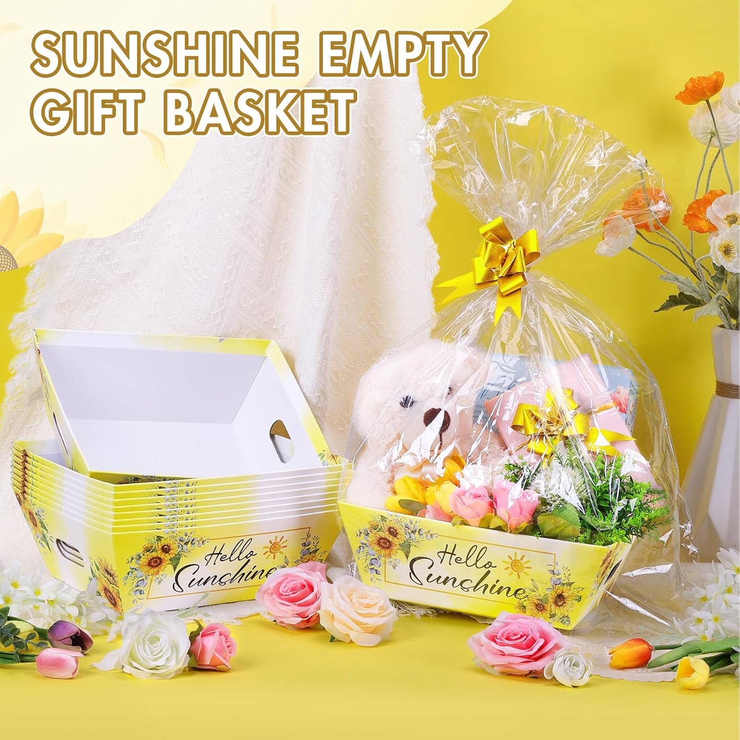 AFOROEOA 10PACK Sunshine Baskets for Gifts Empty, 10x12” Gift Baskets for Women Empty 10 Bows 10 Bags, Empty Gift Basket for Women Mother's Day Thanksgiving Christmas Easter Teacher Appreciation