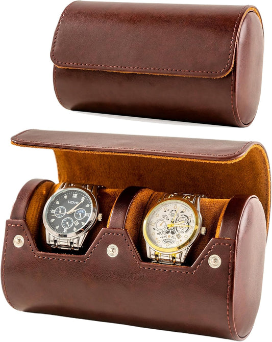 MR.OKAY 2 Watch Travel Case- Classic Leather Watch Case With Perfect Texture.Portable Watch Roll Or Organizer For Storage And Display. Luxury Gifts For Men, All Handmade by Artisans.
