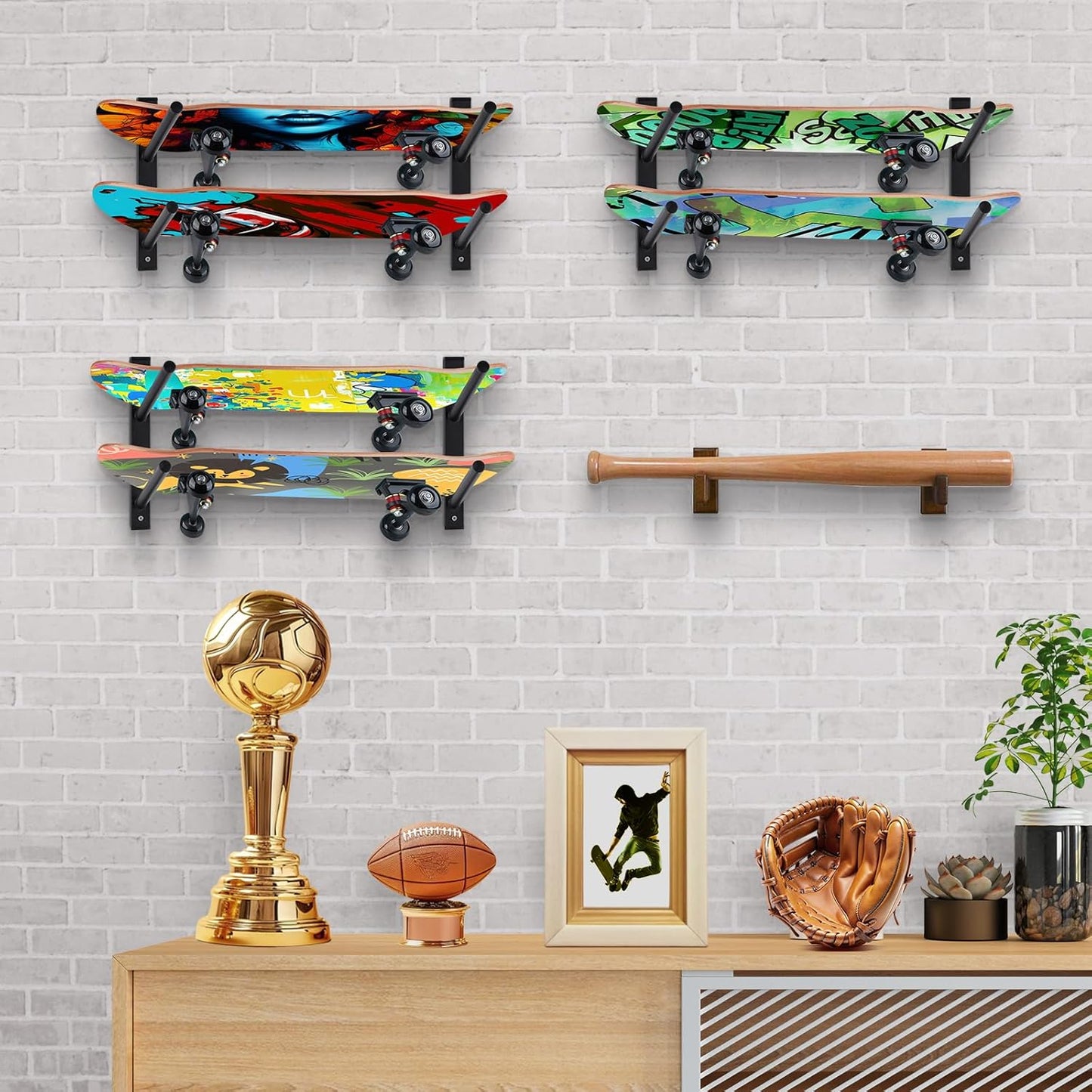 BiJun Skateboard Wall Mount, Snowboard Wall Mount Display, Horizontal Ski Wall Rack, Skateboard Rack Storage Holder Longboard Hanger