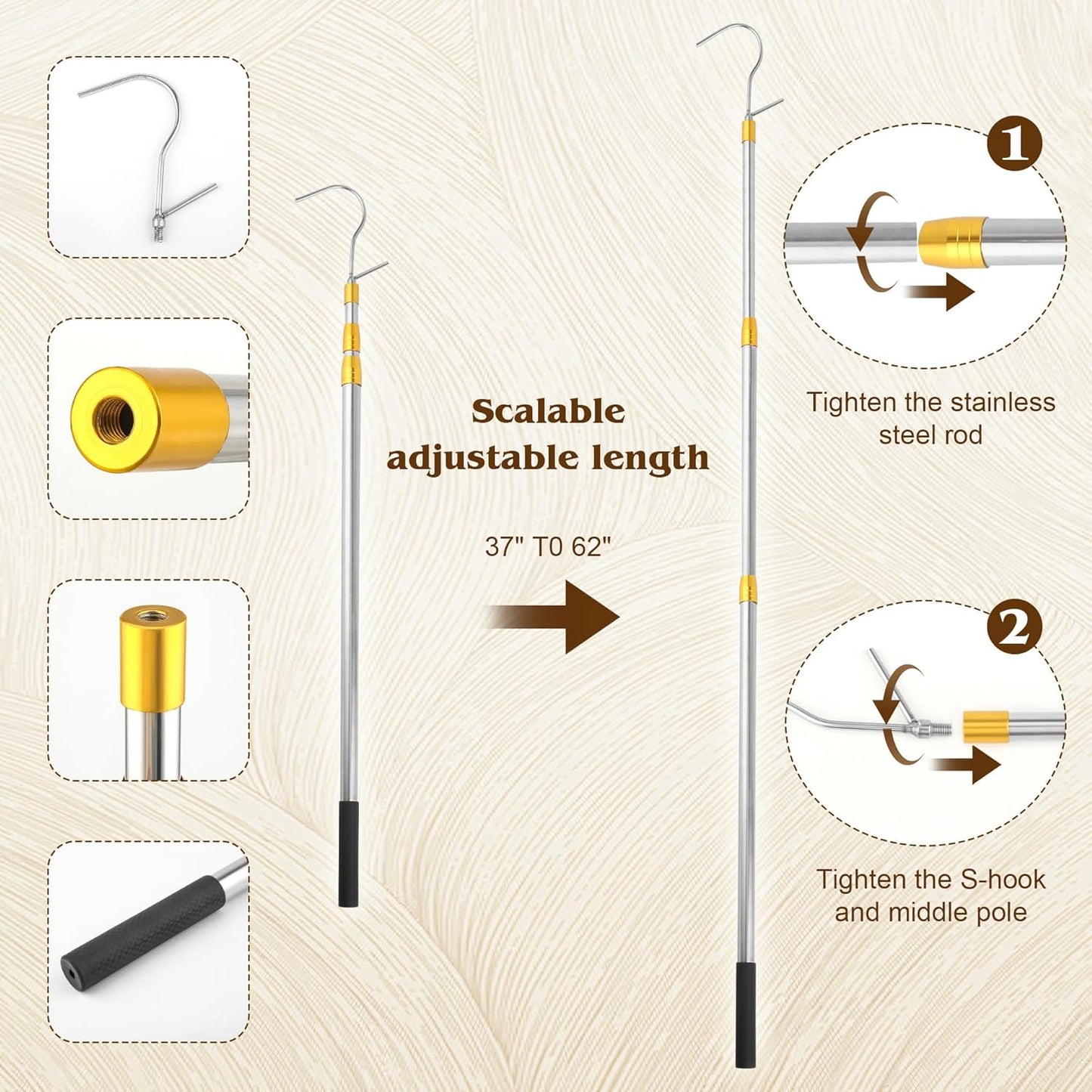 Clothes Hook Rod, 27-62 Inch Long Telescopic Rod, Stainless Steel, S-Shaped Hook, Tension Mounted