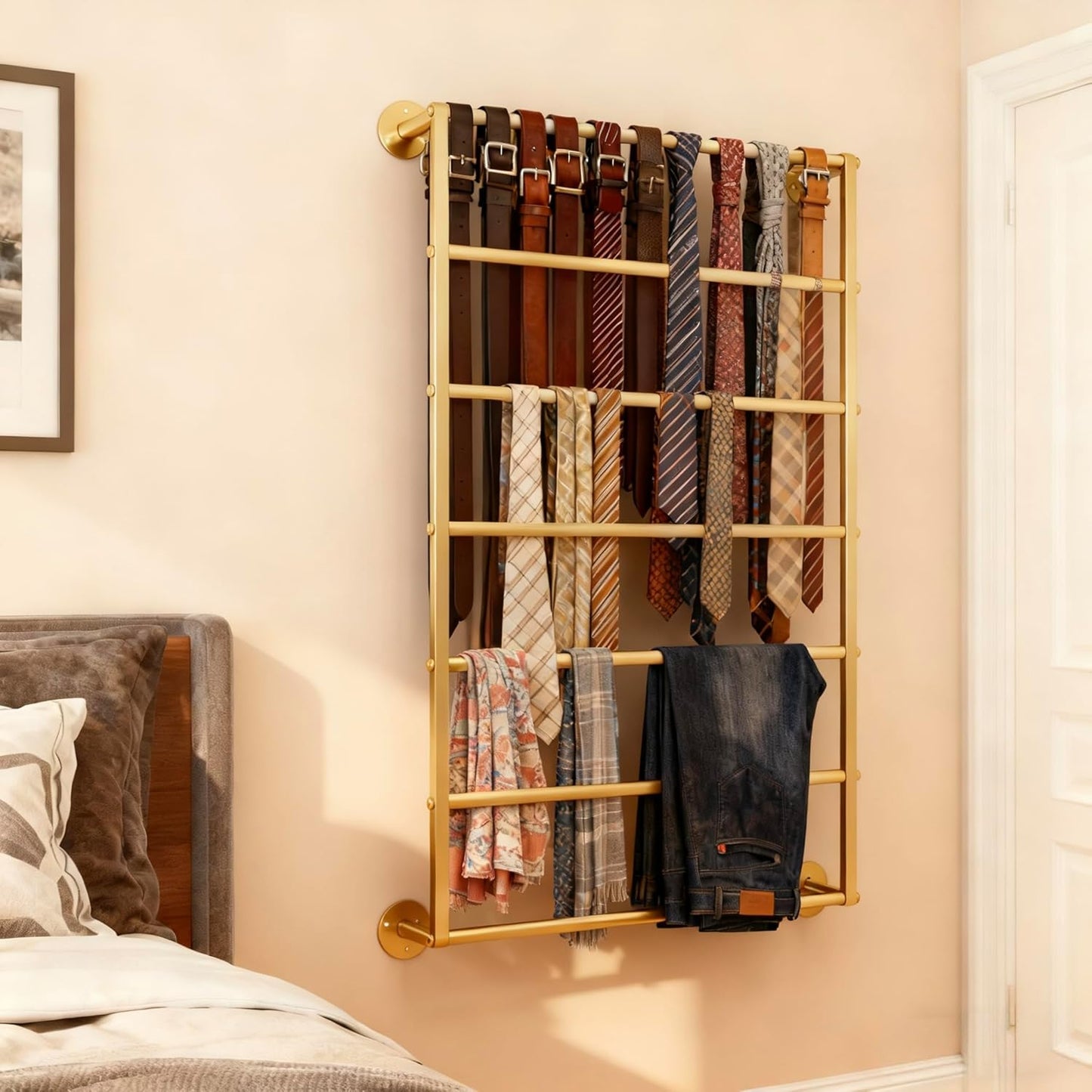 Wall Mounted Display Rack, 7-Layer Wrapping Paper Ribbon Organizer Scarves Tie & Scarf Rack Belts Towel Holder Necktie Hijab Stand Metal Shelving for Home, Retail Stores, Flower Shop