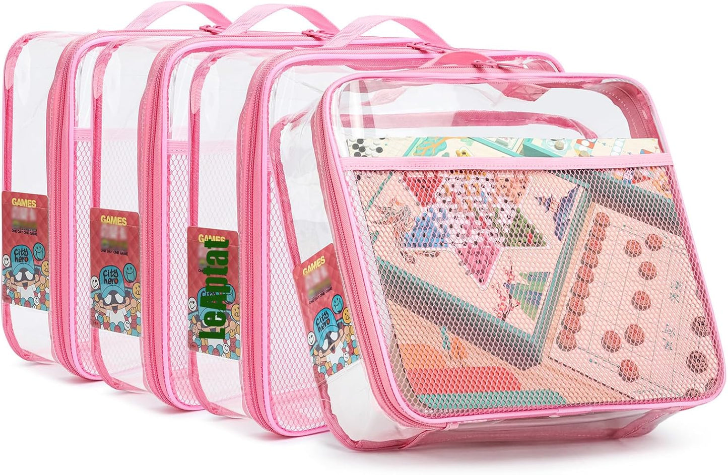 4 Pack Clear PVC Waterproof Toy Storage Bags with Name Tag Pockets - Zippered Organizer for 2x4 Building Blocks, Puzzles, Travel Toiletries, Kids Room Organization, With Name Tag Pocket (Pink, Large)