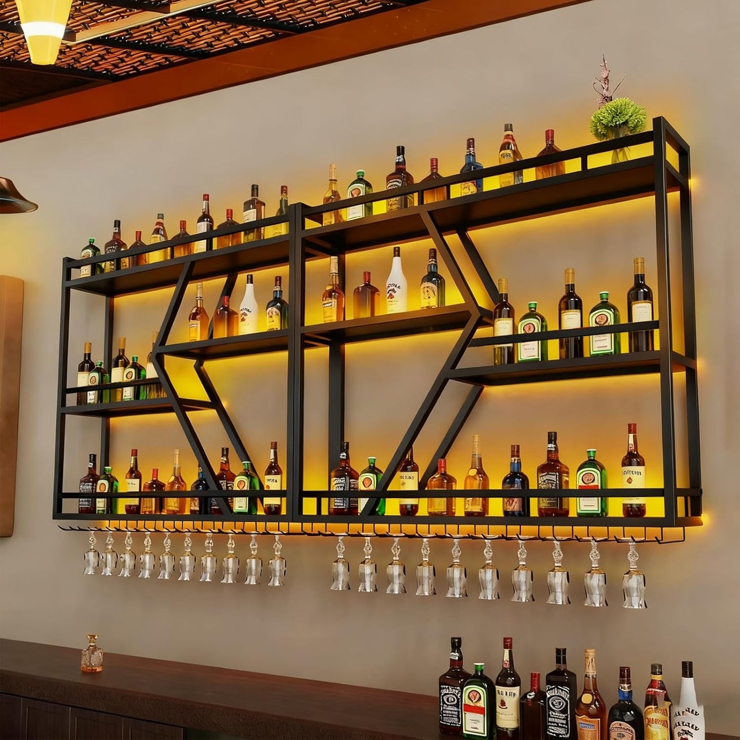 63in Metal Wine Rack Wall Mounted, Modern Wine Storage Rack Wall Mounted with Wine Glass Holder, Liquor Shelf, Bar Shelves for Liquor Bottles (3TIERS Black, 63 * 7.87 * 33.85INCH)