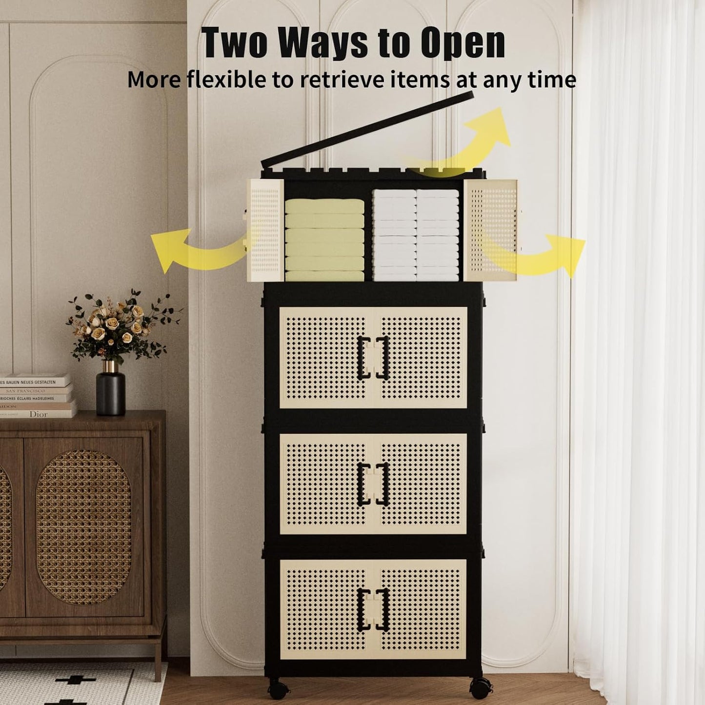Stackable Storage Bins with Lids,Collapsible Plastic Storage Box Closet Organizers and Storage with Wheels and Magnetic Door for Home Office Dorm (4 Pack)