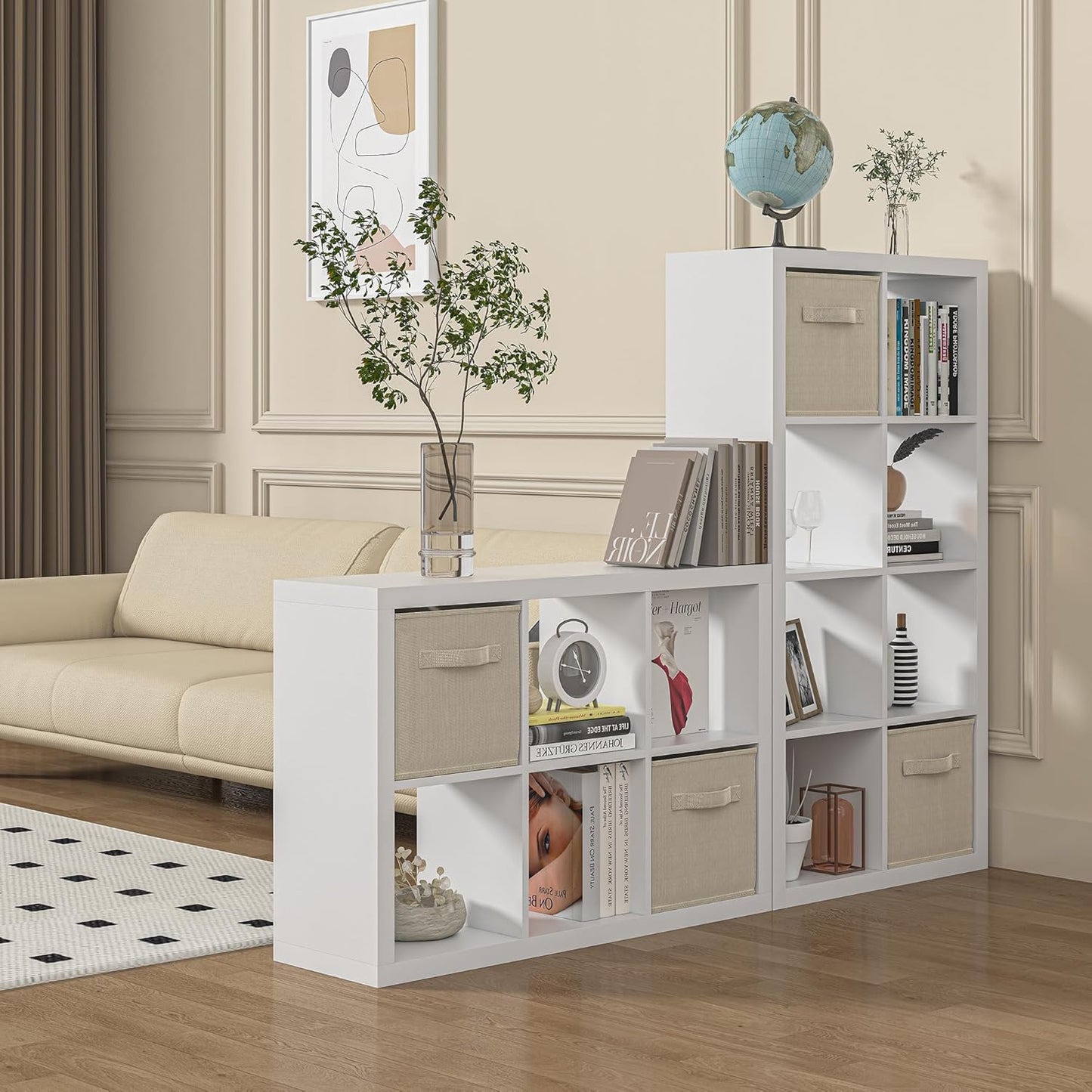 furtble Bookshelf with Storage Bins, 8-Cube Storage Organizer with Back Panels, Modern Wood Open Bookcase, Multifunctional Display Shelf for Living Room, Bedroom, Home Office, White