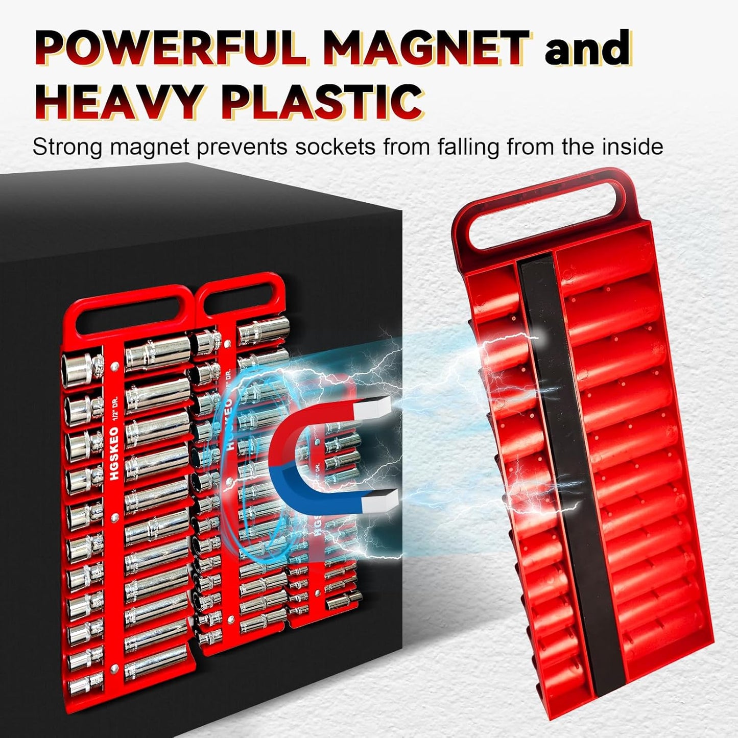 Magnetic Socket Holder Set with Handle, Portable Socket Organizer, Heavy Duty Socket Racks 1/2" Drive Holders Hold 22 standard Sockets for Tool Box (Red, 1/2" Drive)