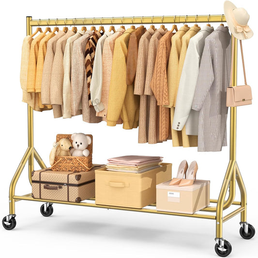 EAGMAK Heavy Duty Clothes Rack Load 420 LBS, Rolling Garment Rack with Lockable Wheels, Standing Metal Clothing Rack, Portable Wardrobe Sturdy Coat Rack for Hanging Clothes (Gold, 59″×18.9″×63″)