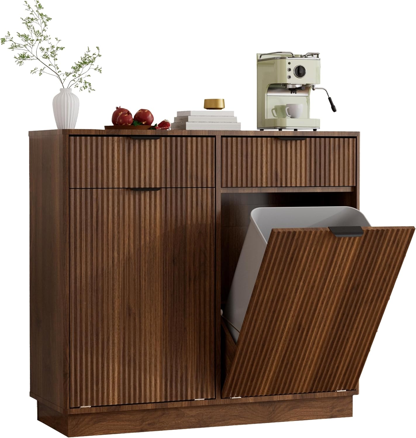 Double Tilt-Out Trash Cabinet, Laundry Hamper Cabinet with 2 Drawers, 39.4W x 34.3H x 13.8D inches, Walnut, Wave-Textured Front.