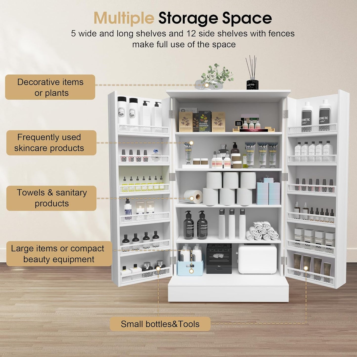BarberPub Storage Cabinet, Multi-Functional Beauty Salon Organizer with Hinged Door, Adjustable Shelves, for Spa, Home, Office 2024 (White)