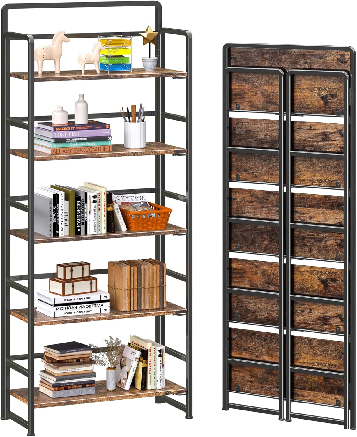 4NM No Assembly 5 Tiers Folding Bookshelf Storage Shelves Vintage Bookcase Standing Racks Study Organizer Home Office (Rustic Brown Black)