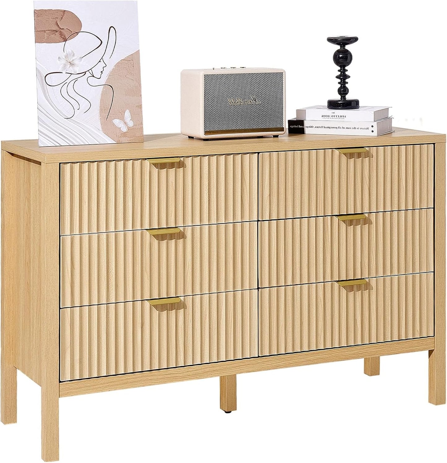 VEVOR Fluted Dresser with 6 Drawer, 47" Wide Chest of Drawers with Golden Metal Handle, Modern Closet Dresser TV Stand, Boho Wood Storage Organizer for Bedroom, Living Room, Hallway, Entryway, Natural