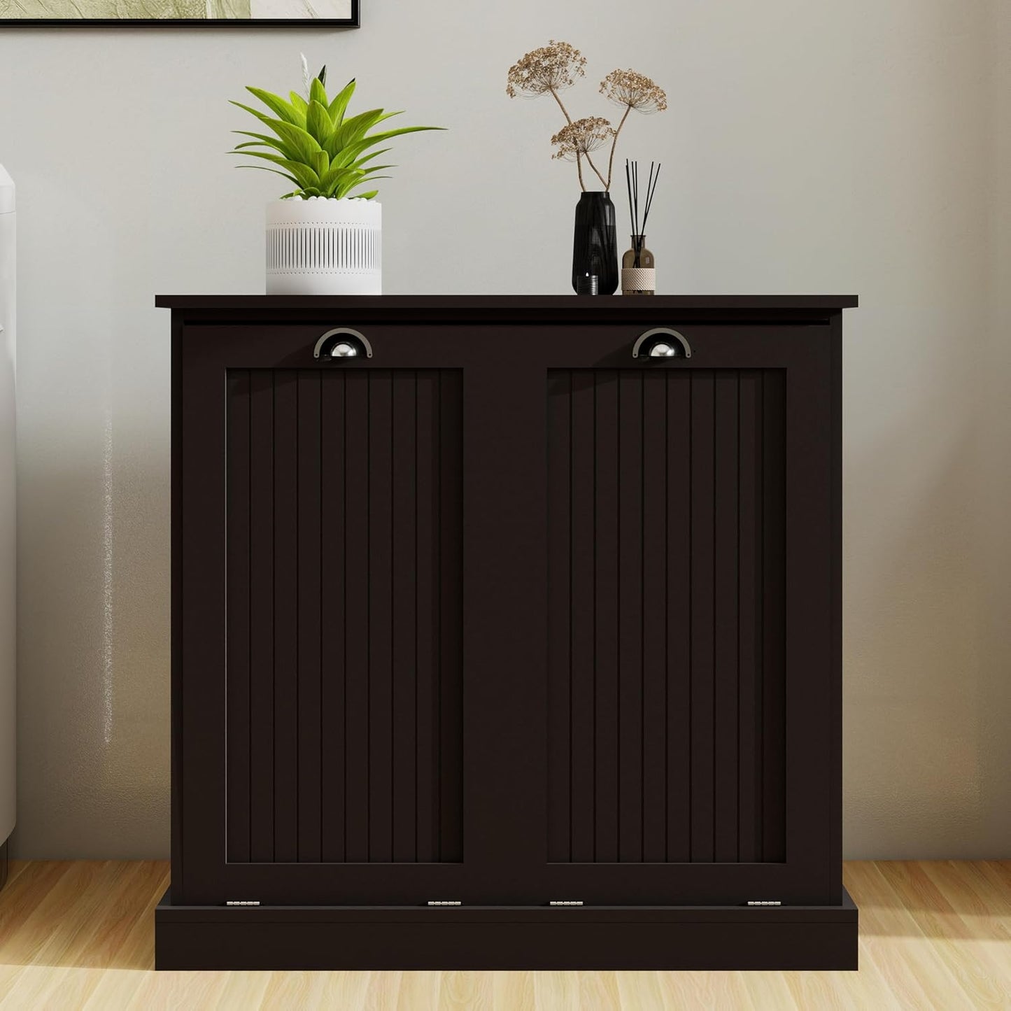 KEIKI Tilt-Out Laundry Sorter Cabinet with 2 Compartments, Pull Out Laundry Hamper Station with Storage for Laundry Organizers and Storage, Black