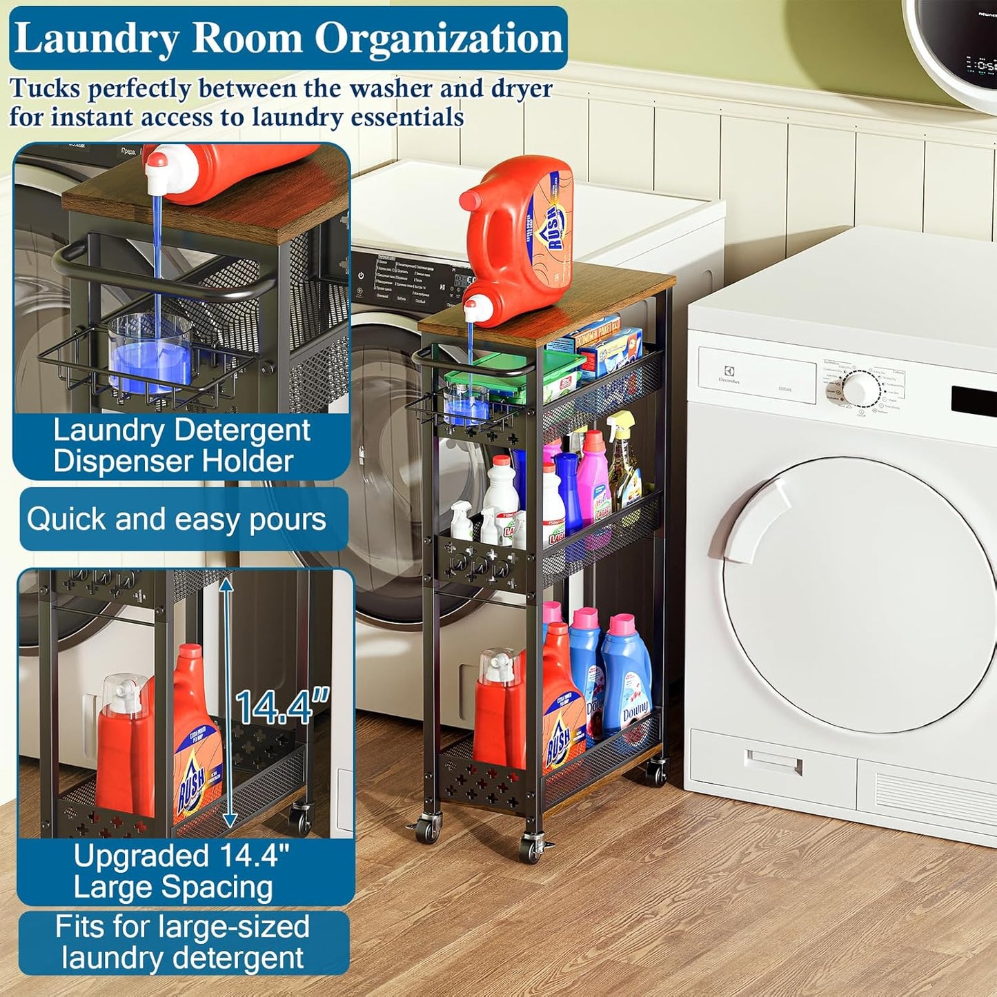 Rolling Slim Storage Cart, 4-Tier Narrow Bathroom Organizers and Storage Cart, Metal Narrow Kitchen Laundry Room Organization Shelf with Wood Top, Slim Utility Cart with Wheels for Small Space