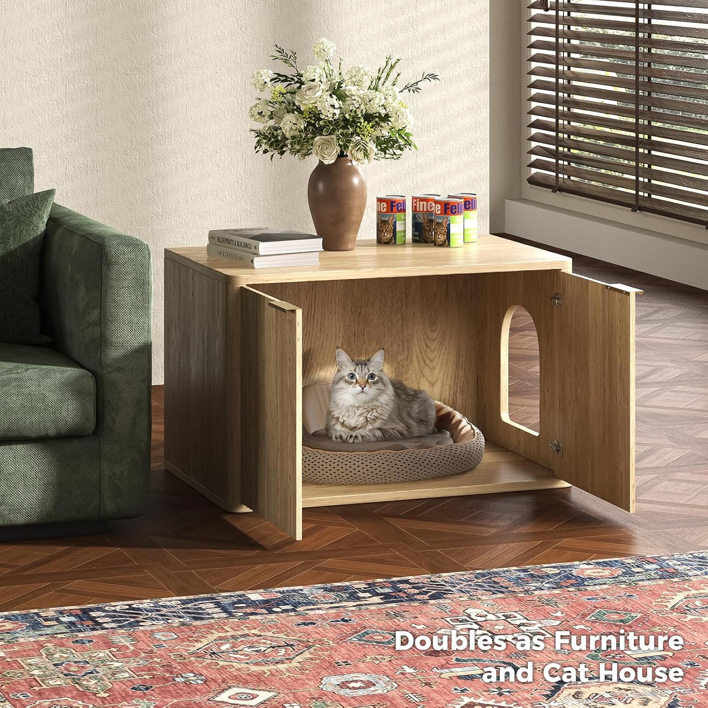 31.5" Oak Cat Litter Box Enclosure Furniture, Large Decorative Hidden Litter Box Cabinet, Fluted Modern Bohemia Kitty End Table for Living Rooms, Entryways, or Bedrooms
